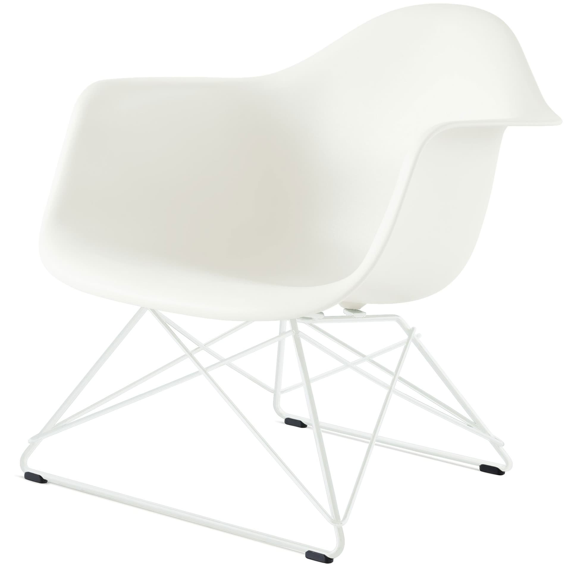 eames molded plastic armchair with low wire base / white base / white shell / white standard glides