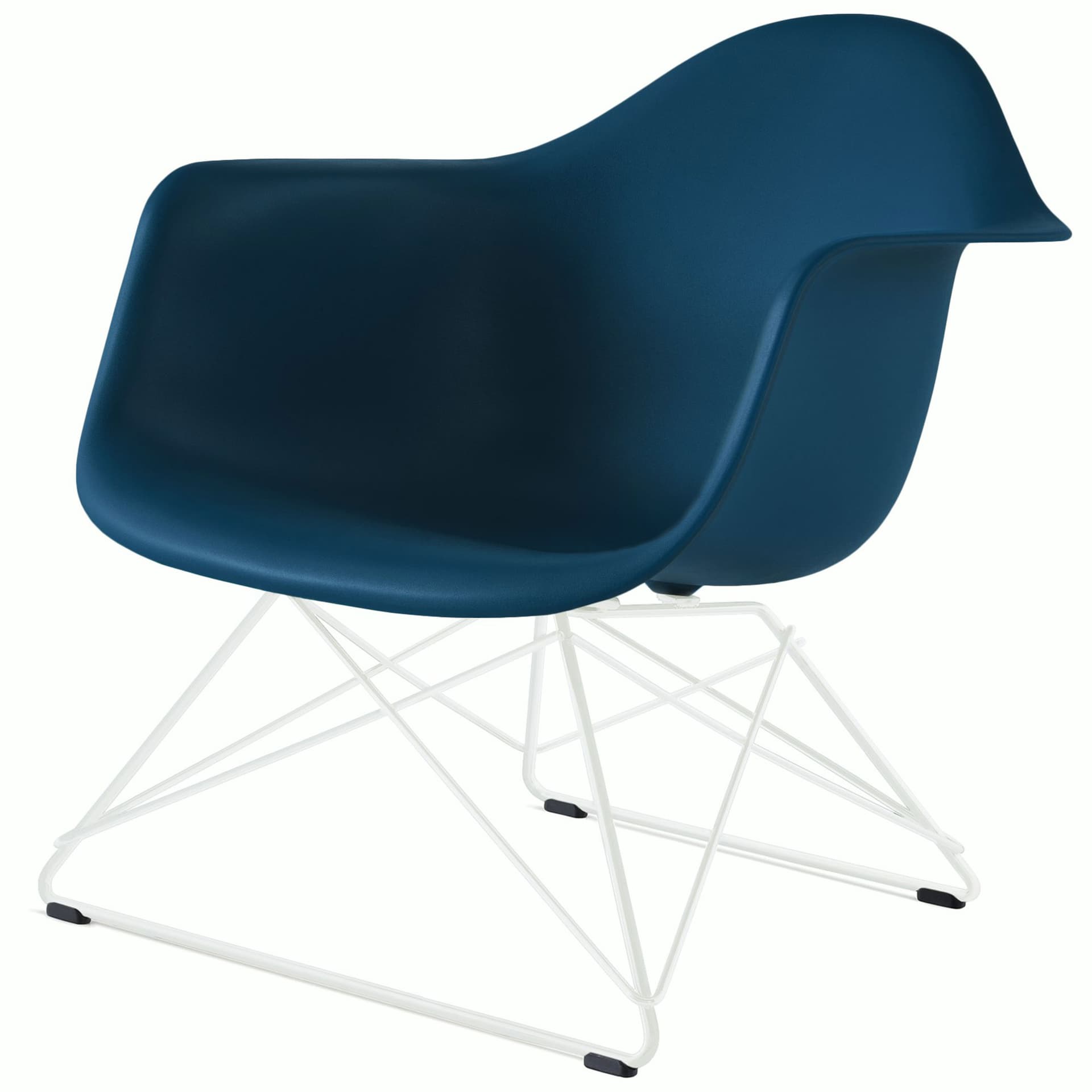eames molded plastic armchair with low wire base / white base / blue green shell / white standard glides