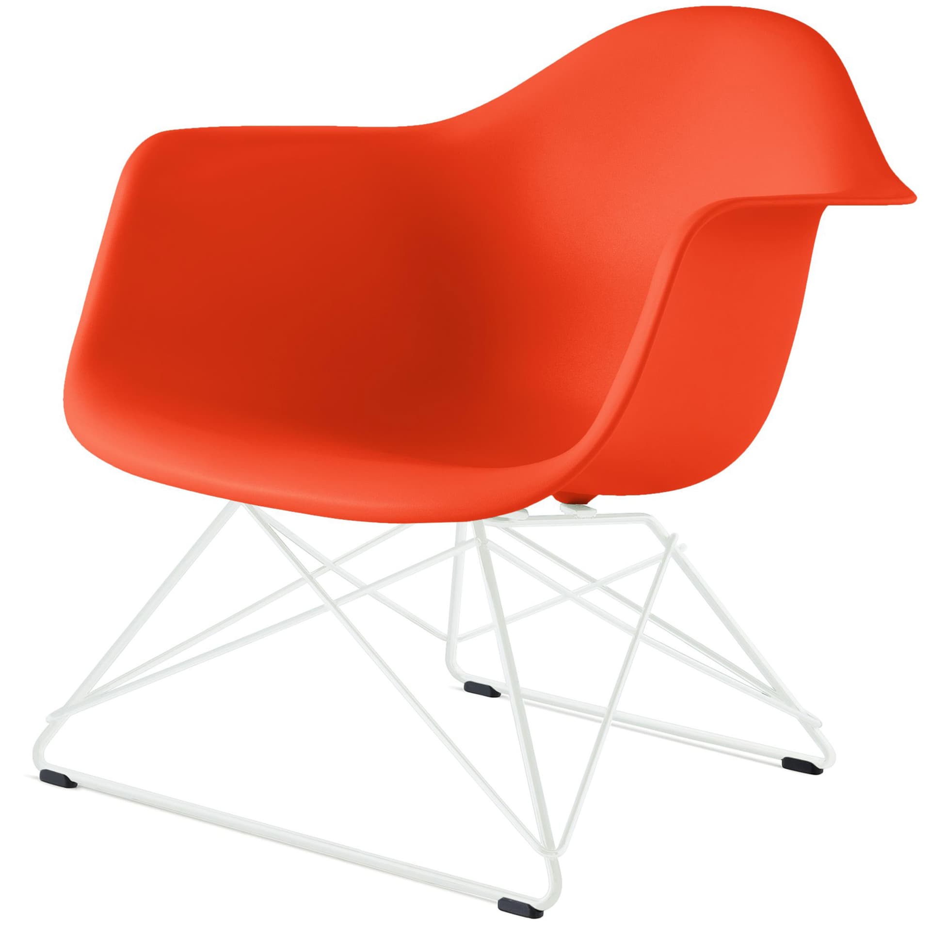 eames molded plastic armchair with low wire base / white base / red orange shell / white standard glides