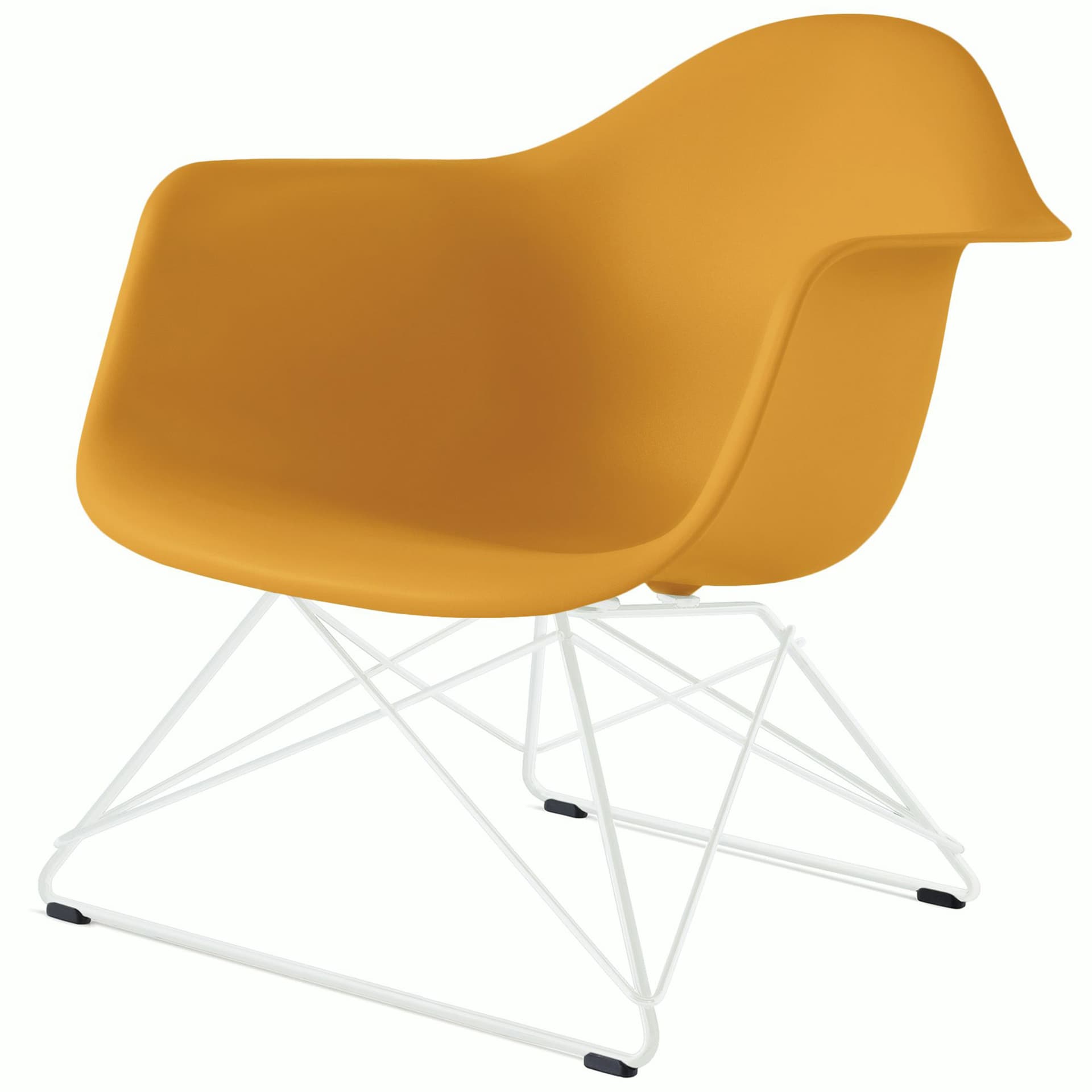 eames molded plastic armchair with low wire base / white base / deep yellow shell / white standard glides