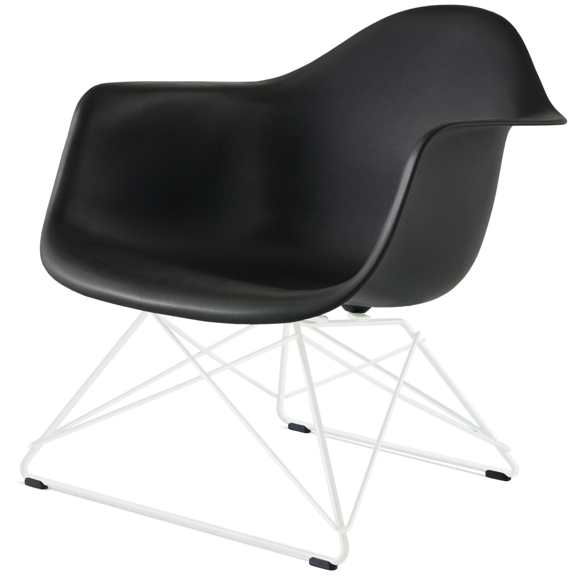 eames molded plastic armchair with low wire base / white base / black shell / white standard glides