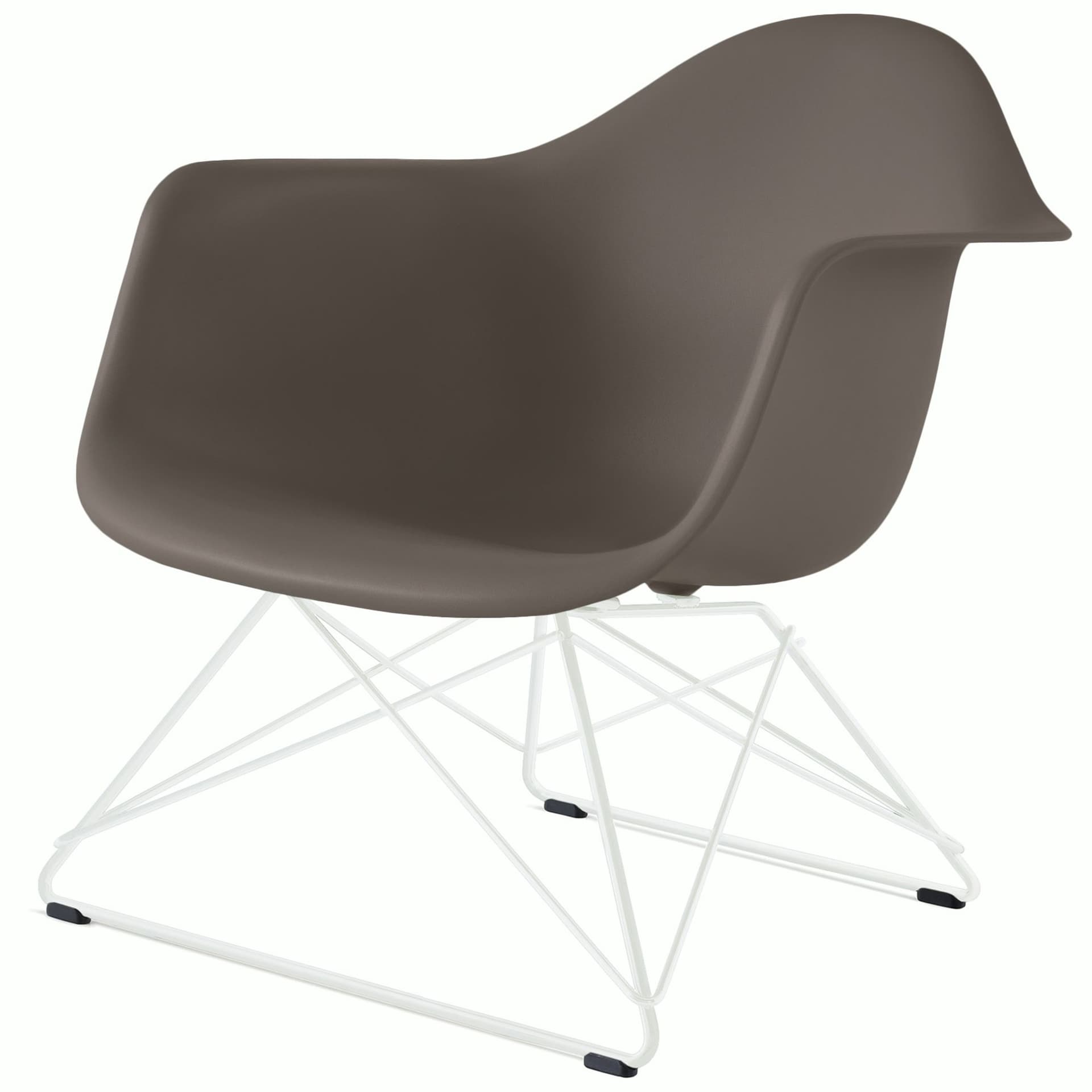eames molded plastic armchair with low wire base / white base / cocoa shell / white standard glides