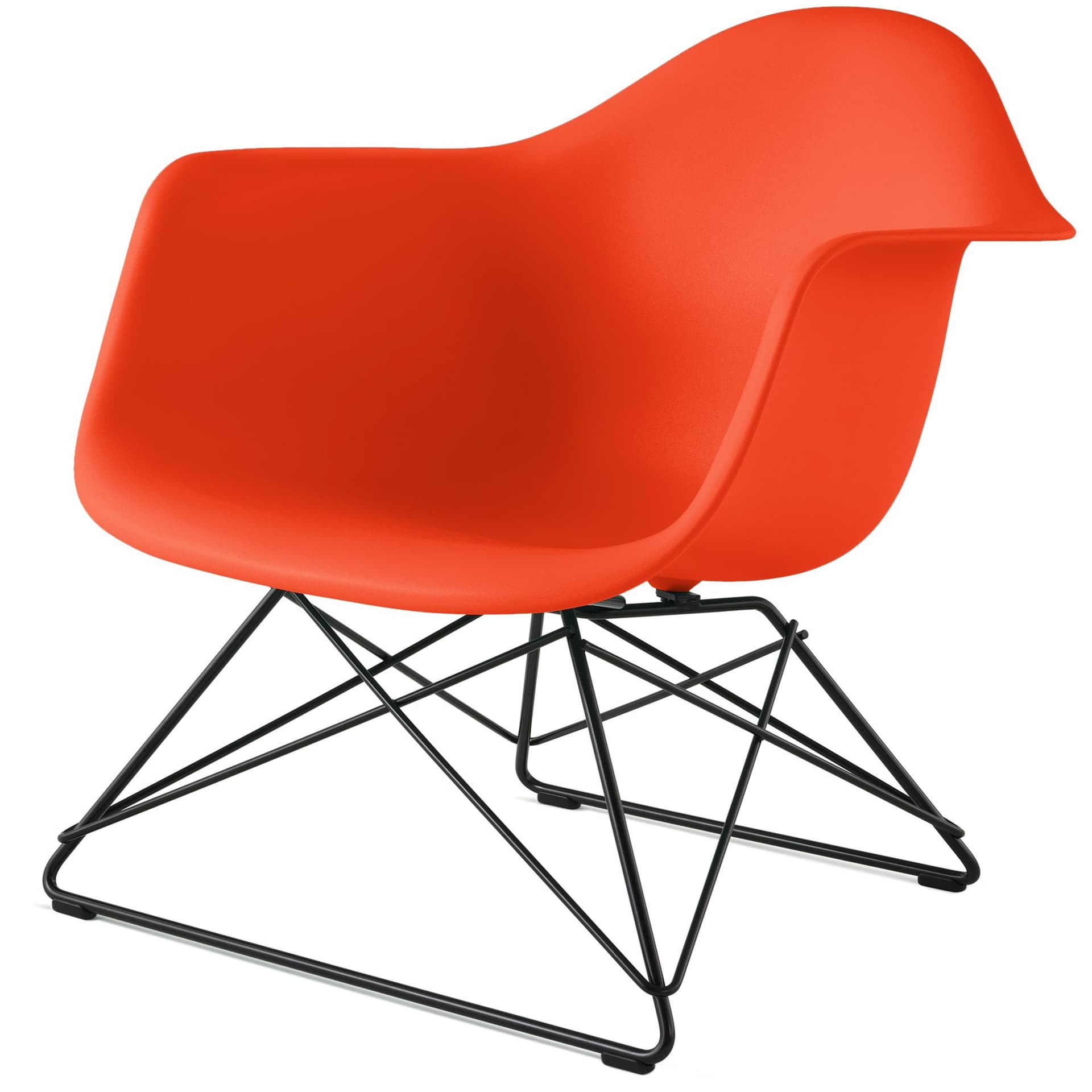 eames molded plastic armchair with low wire base / black base / red orange shell / black standard glides