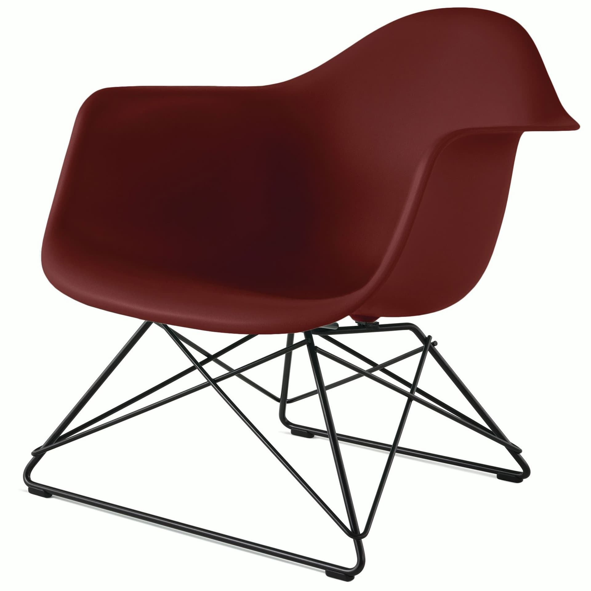 eames molded plastic armchair with low wire base / black base / brick red shell / black standard glides