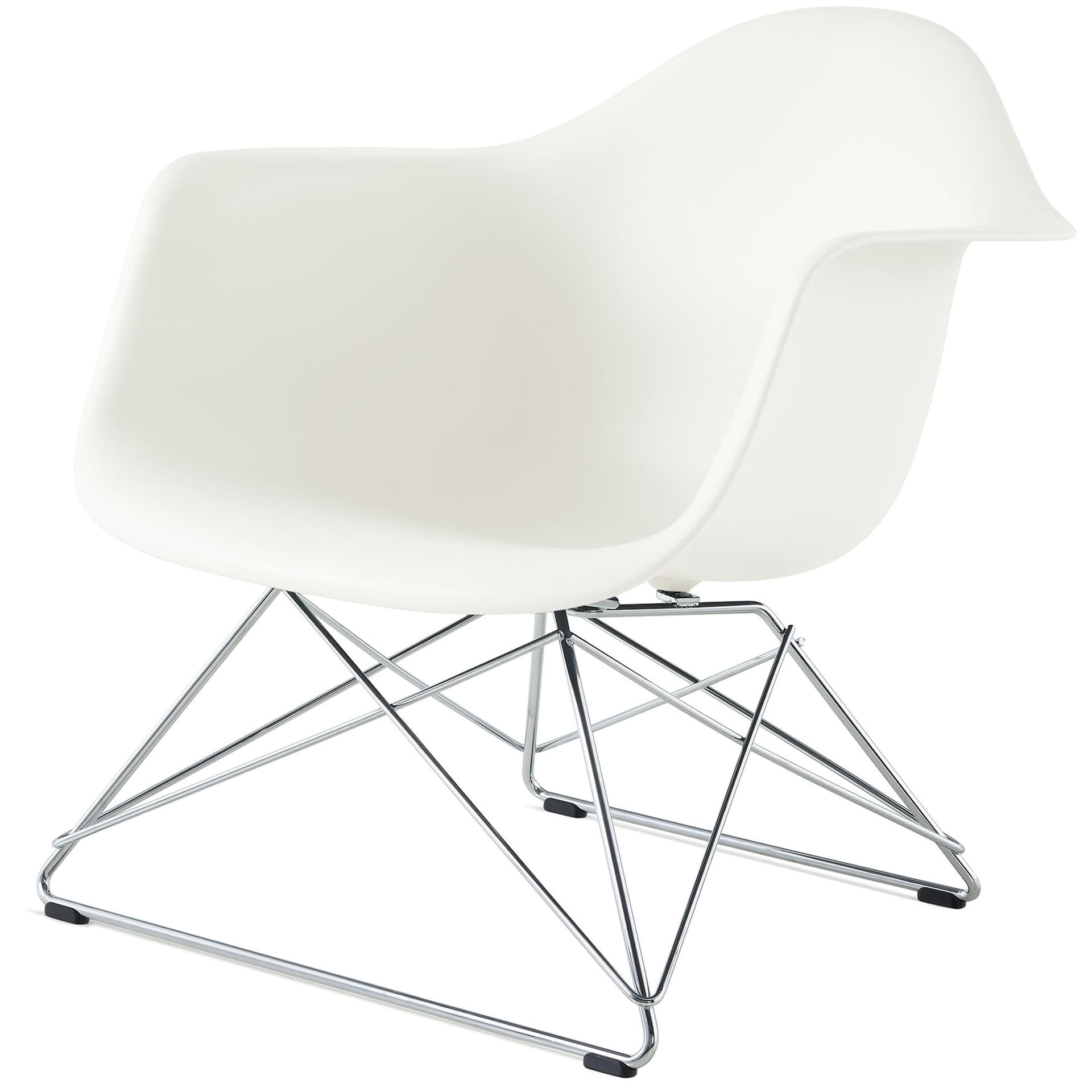 eames molded plastic armchair with low wire base / chrome base / white shell / black standard glides
