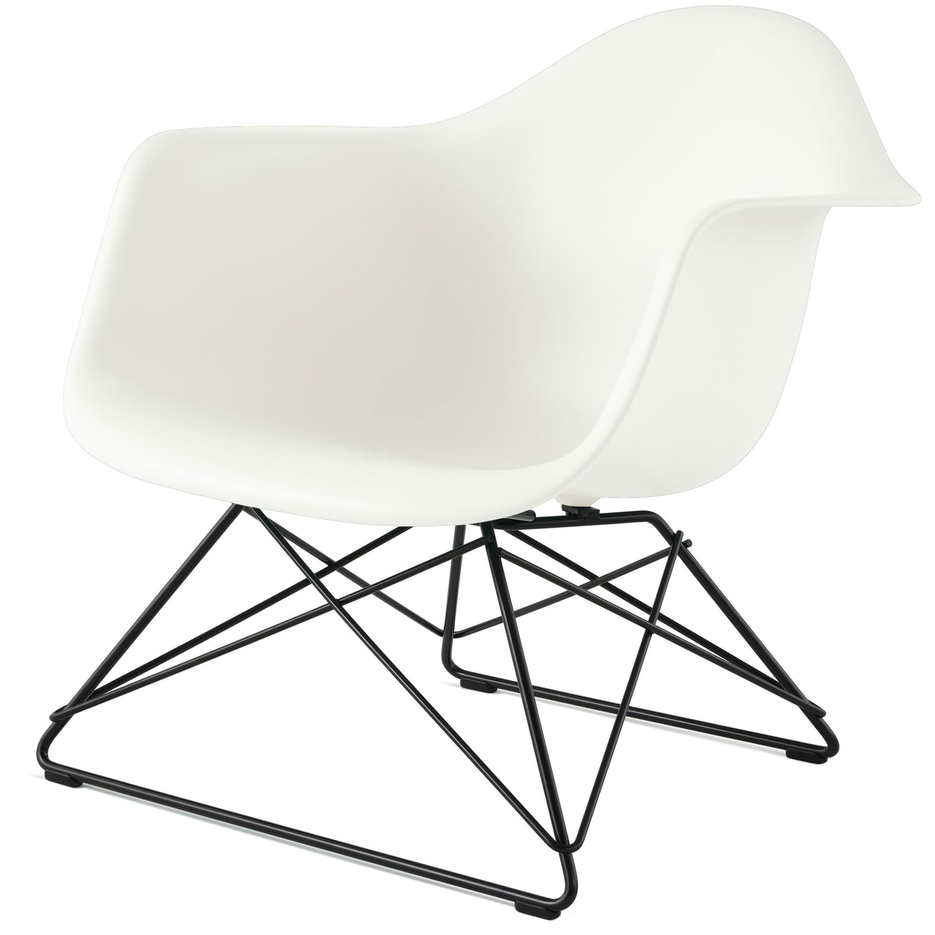 eames molded plastic armchair with low wire base / black base / white shell / black standard glides