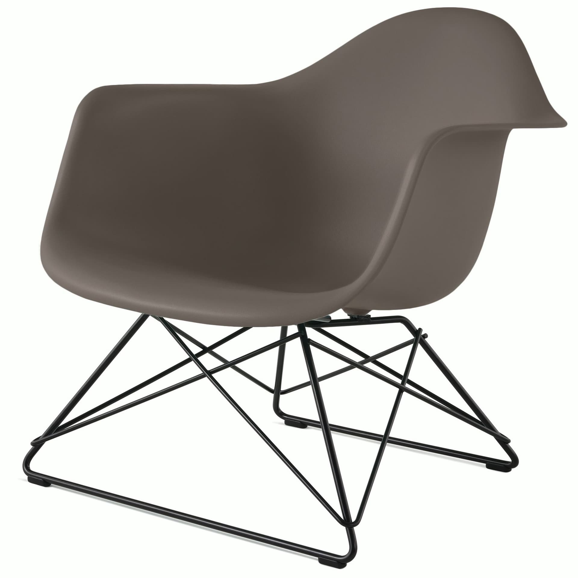 eames molded plastic armchair with low wire base / black base / cocoa shell / black standard glides