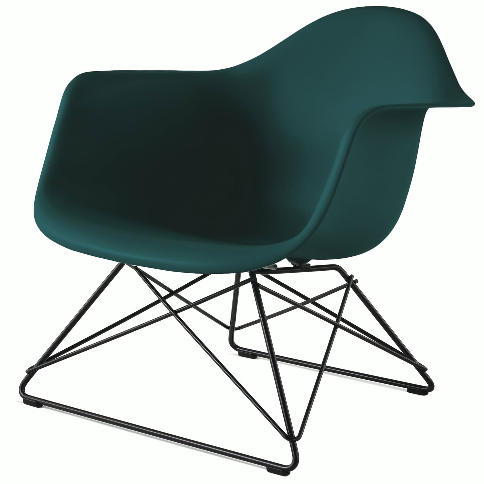 eames molded plastic armchair with low wire base / black base / evergreen shell / black standard glides