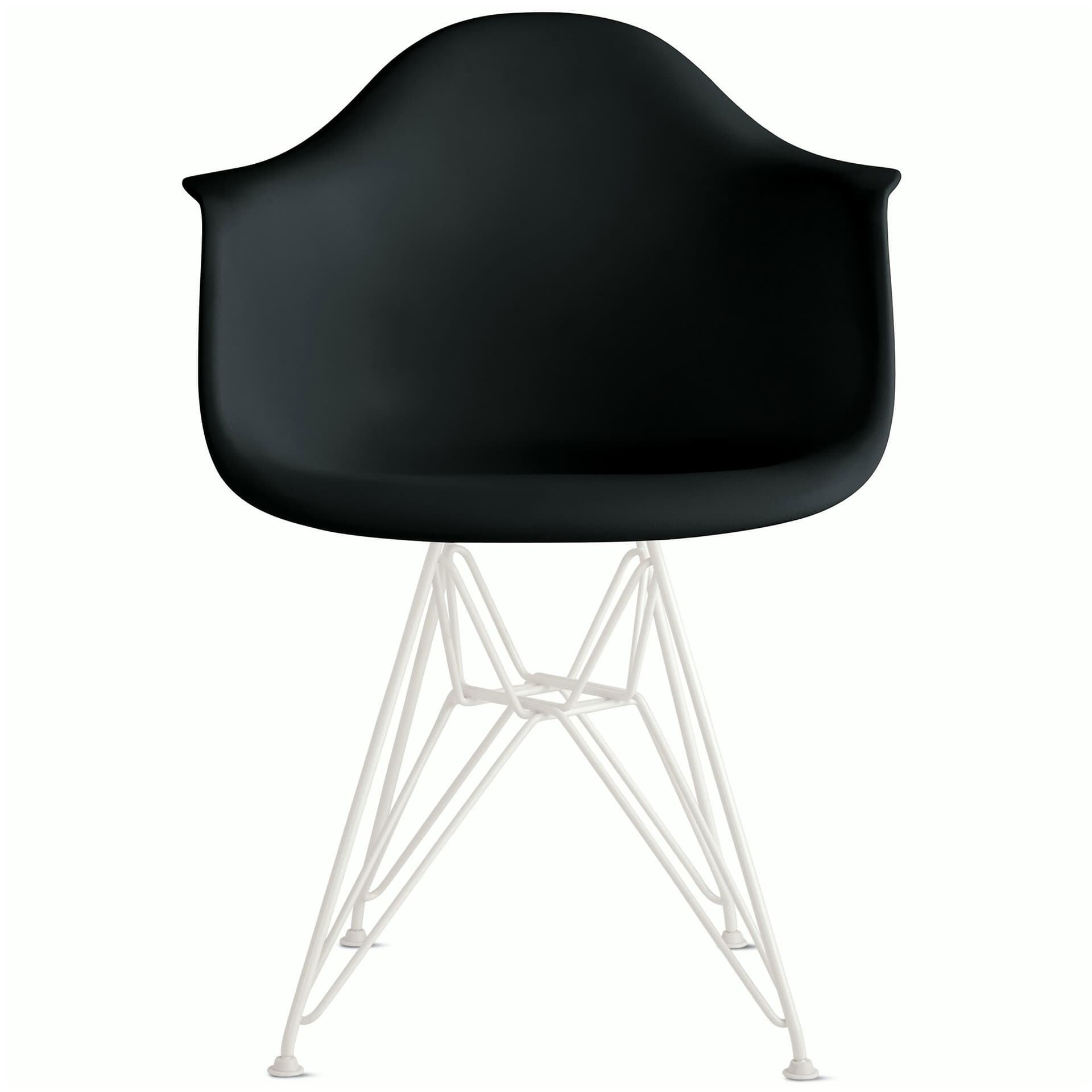 eames molded plastic armchair with wire base / white base / black shell / standard glides