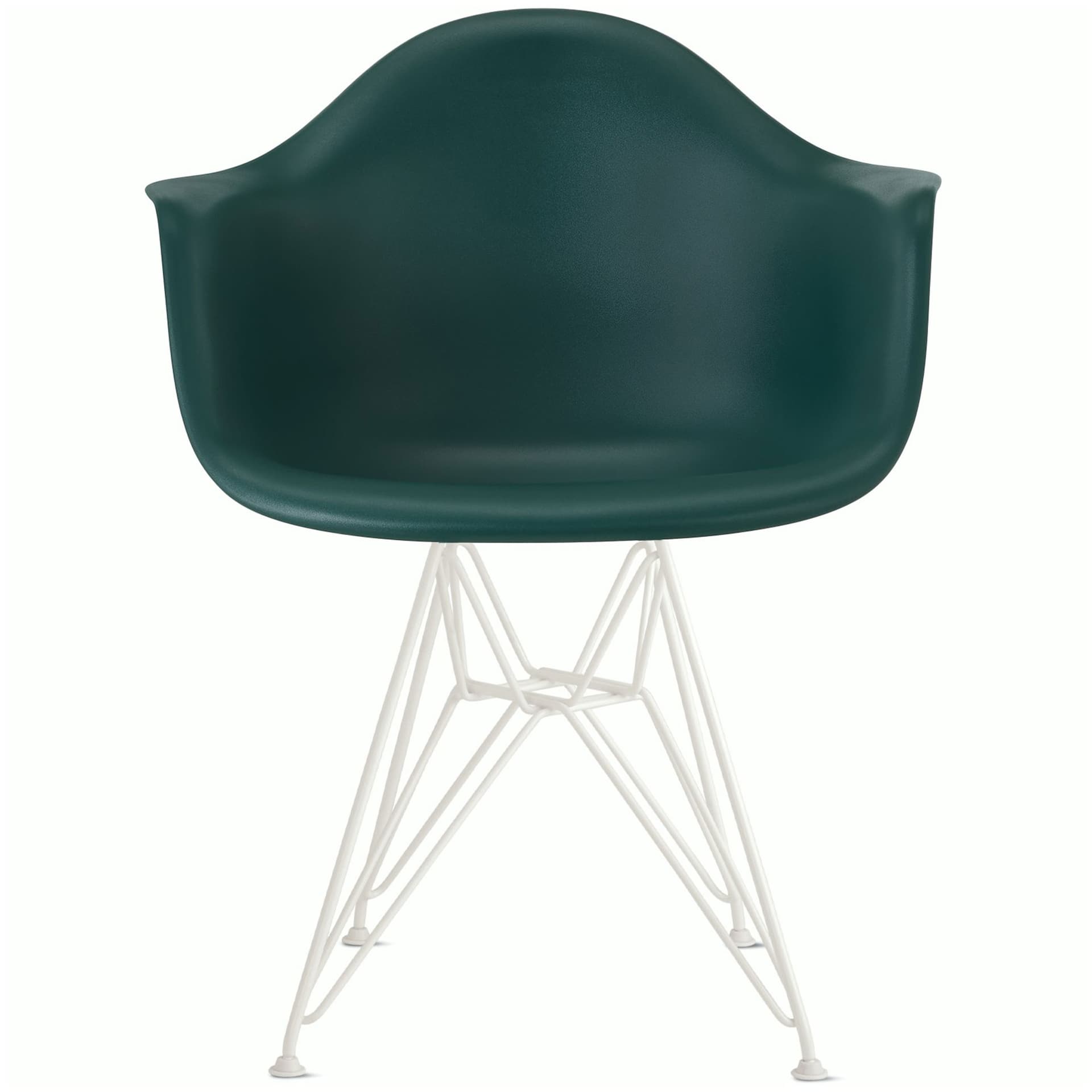 eames molded plastic armchair with wire base / white base / evergreen shell / standard glides