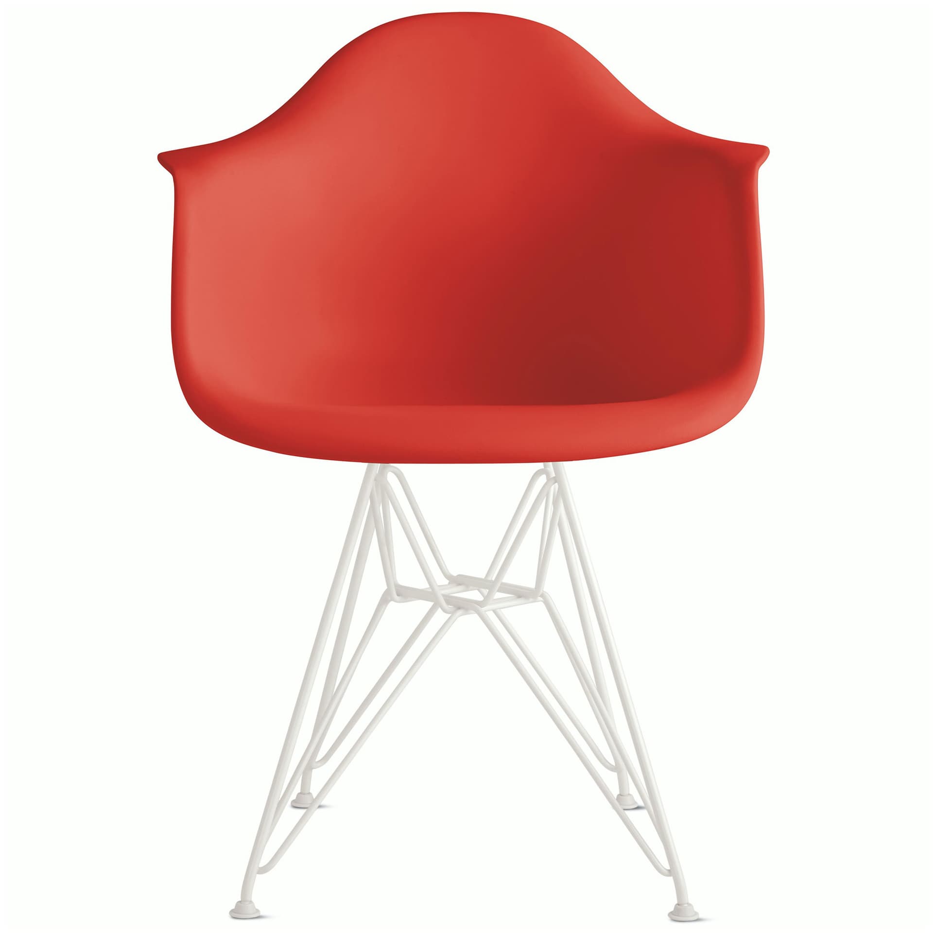 eames molded plastic armchair with wire base / white base / red orange shell / standard glides