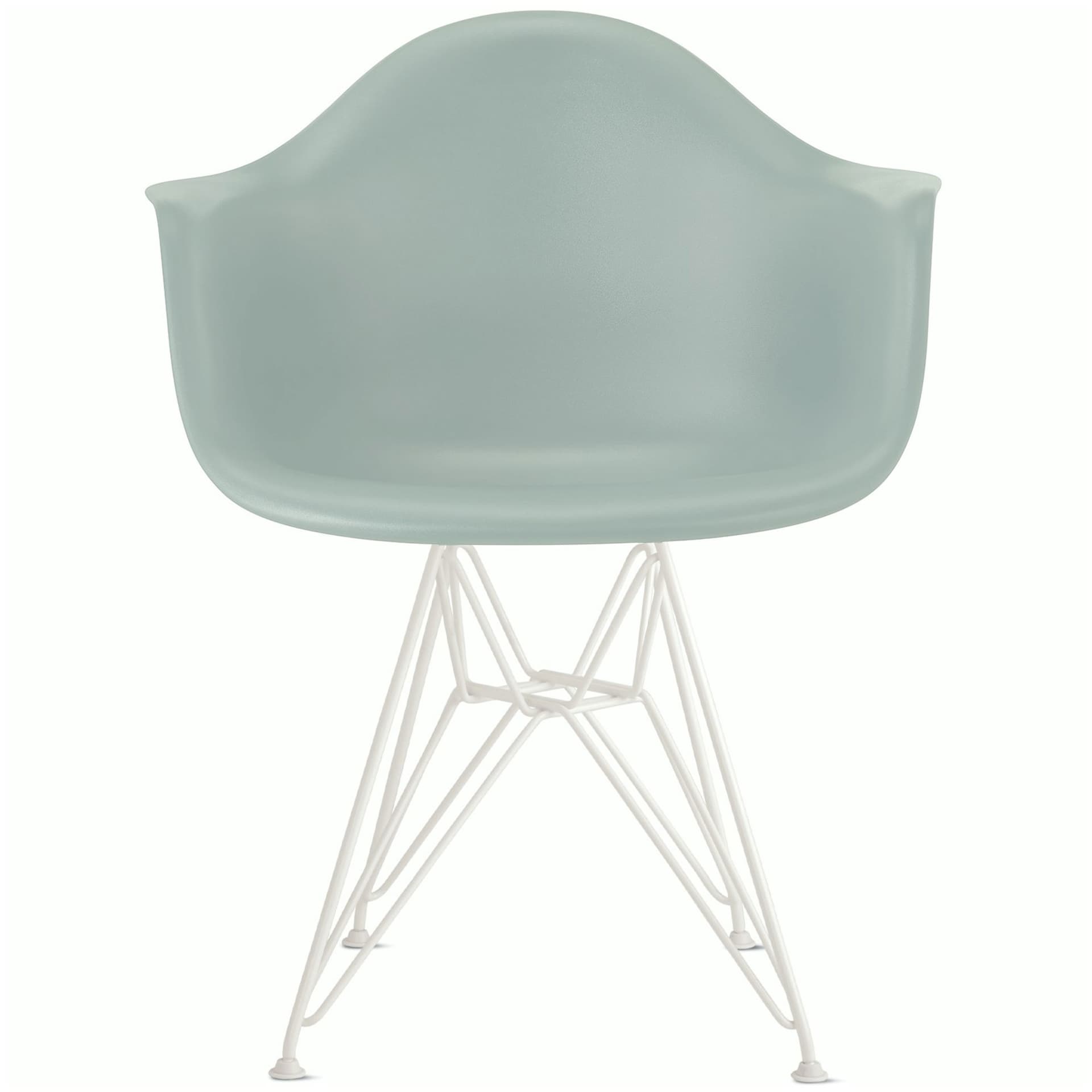 eames molded plastic armchair with wire base / white base / grey green shell / standard glides