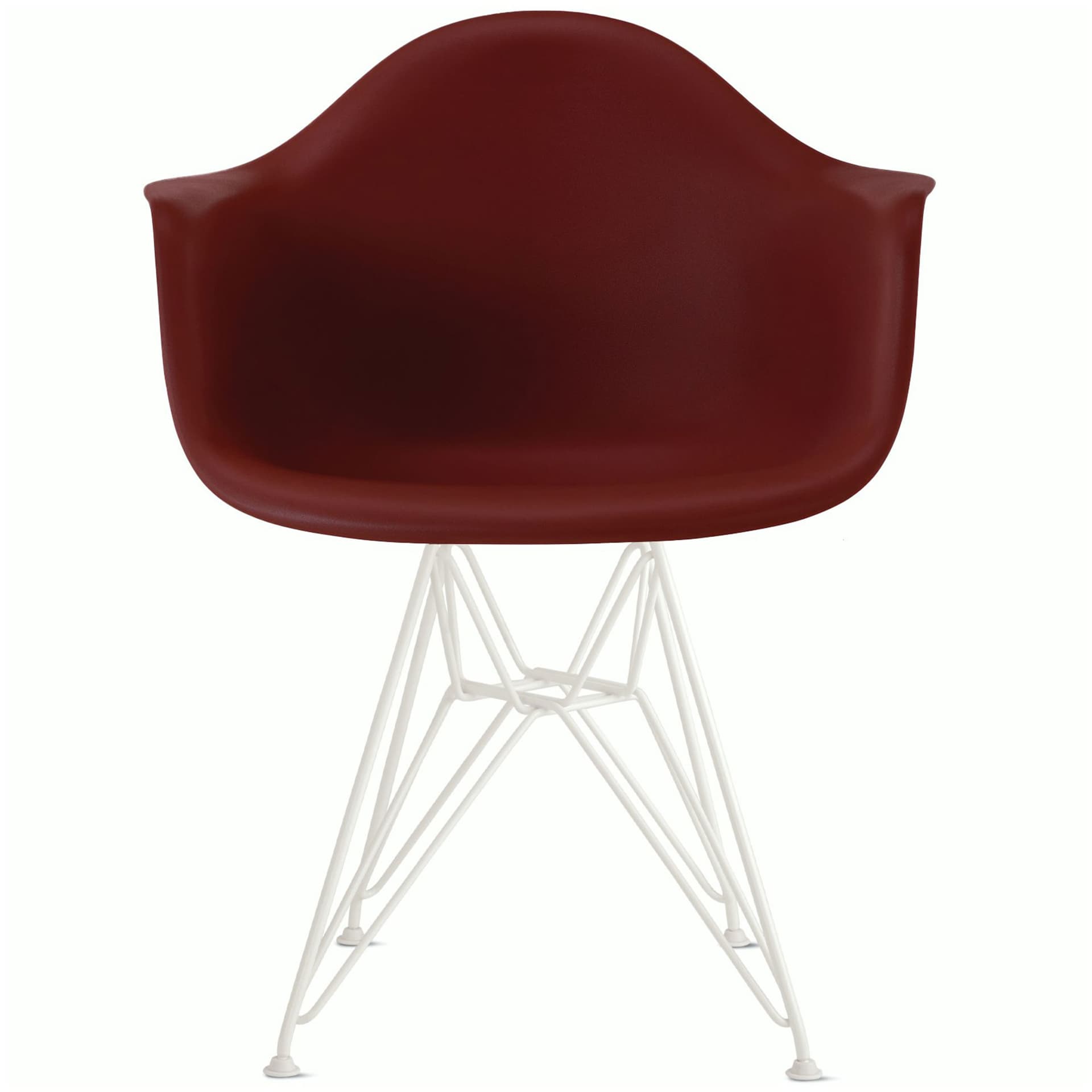 eames molded plastic armchair with wire base / white base / brick red shell / felt glides
