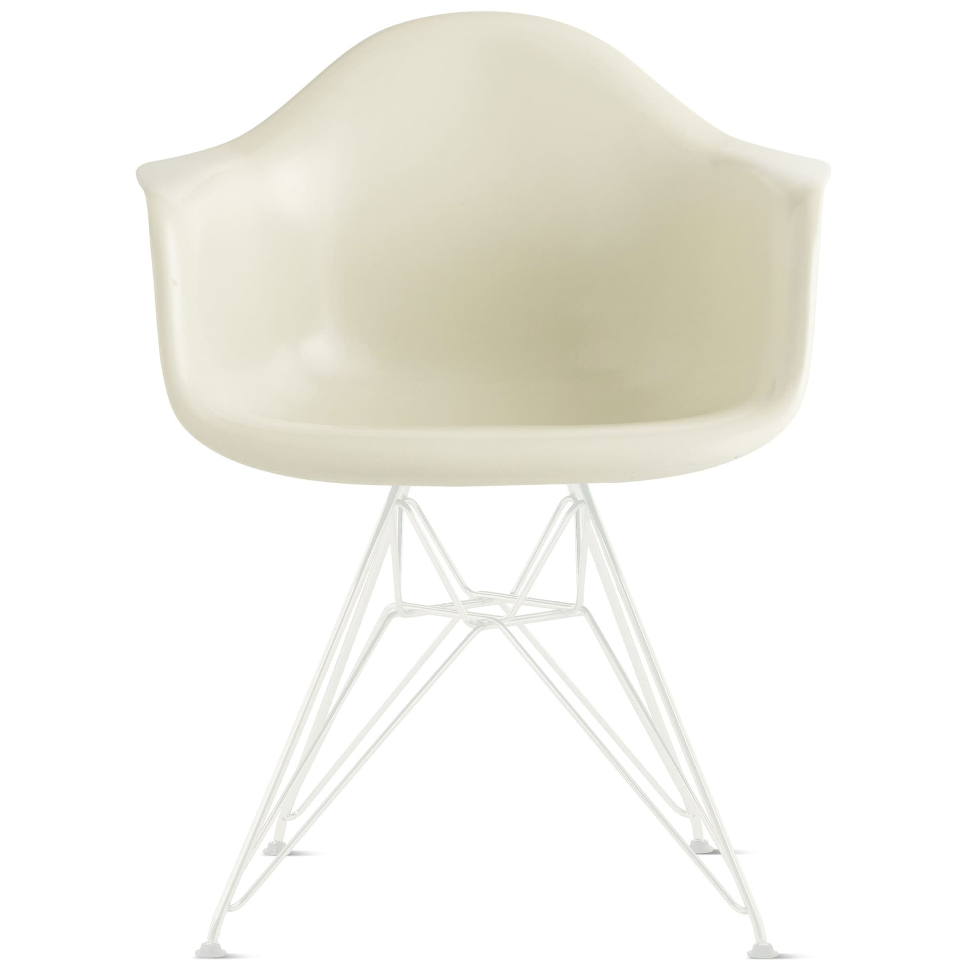 eames molded plastic armchair with wire base / white base / white shell / felt glides