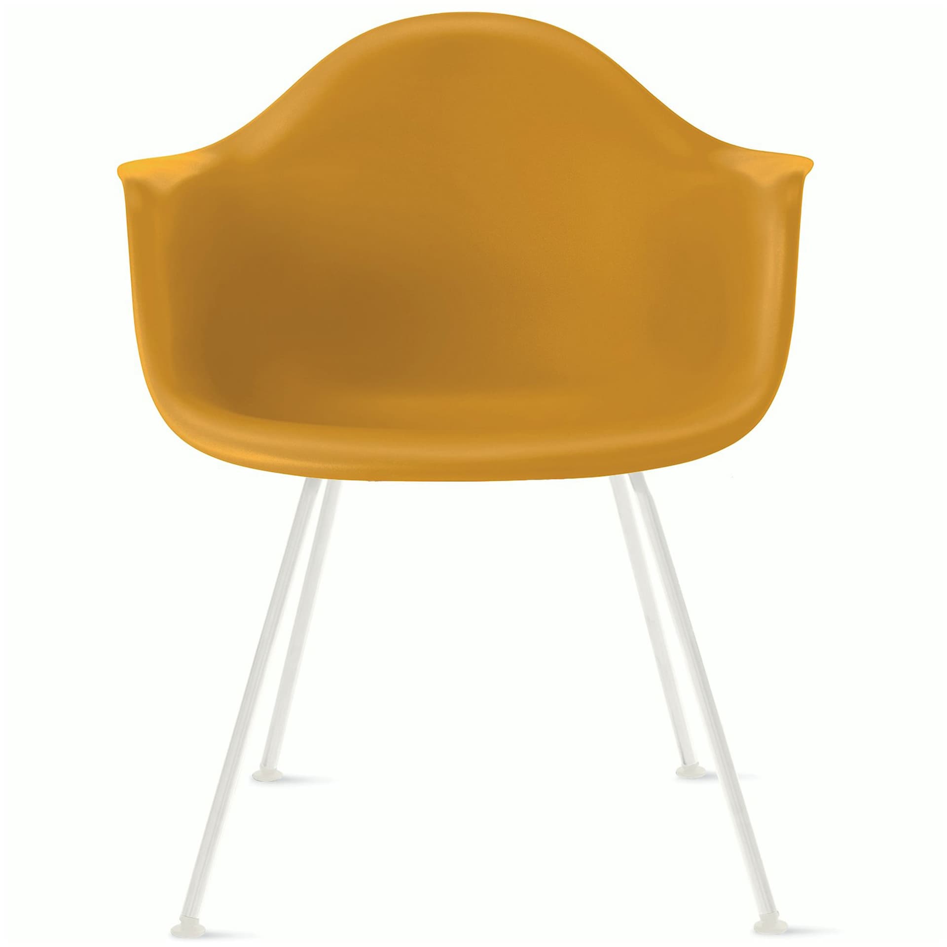 eames molded plastic armchair with 4 leg base / white base / deep yellow shell / standard glides