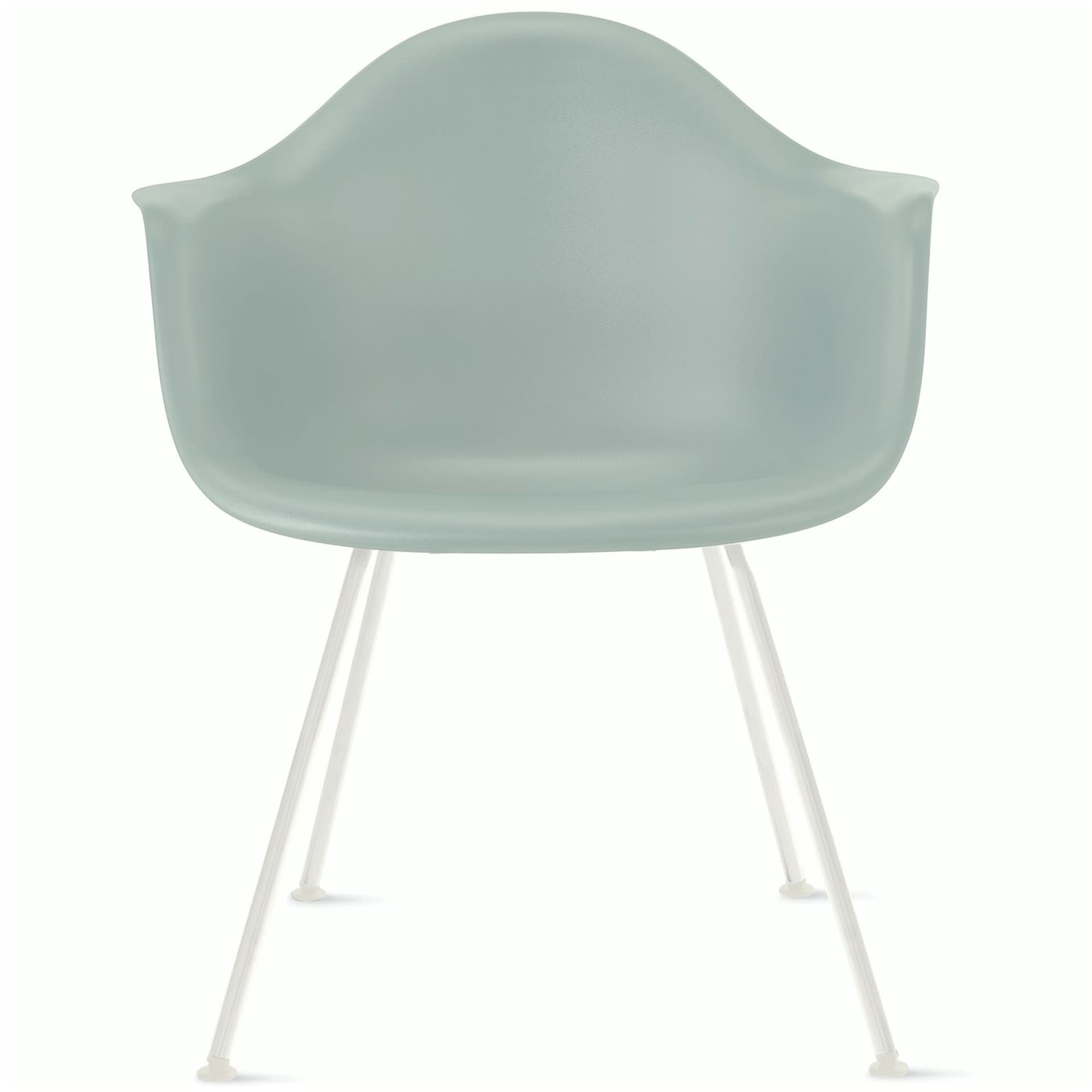 eames molded plastic armchair with 4 leg base / white base / grey green shell / standard glides