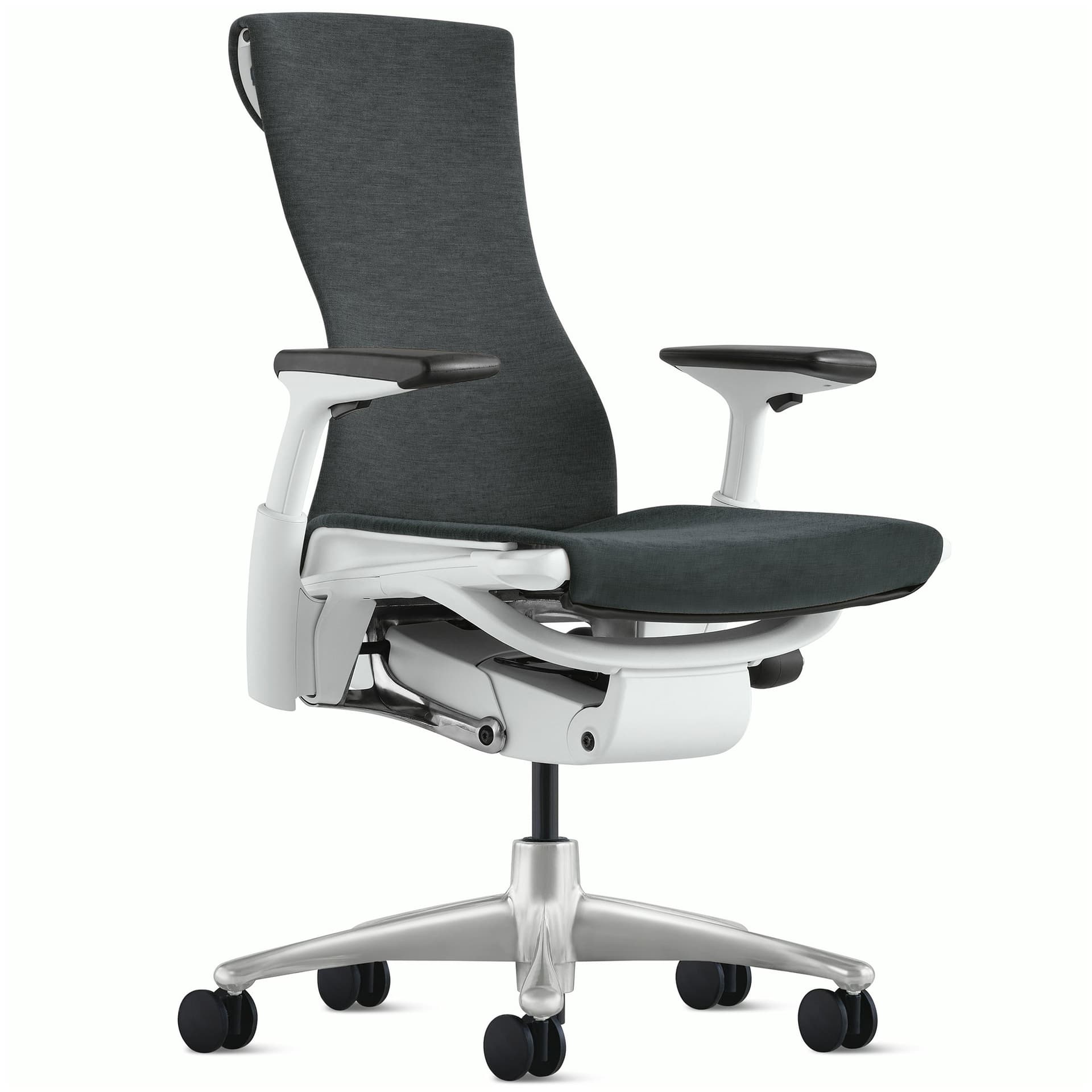 Embody task chair by Herman Miller / titanium base / white frame / sync dark carbon fabric