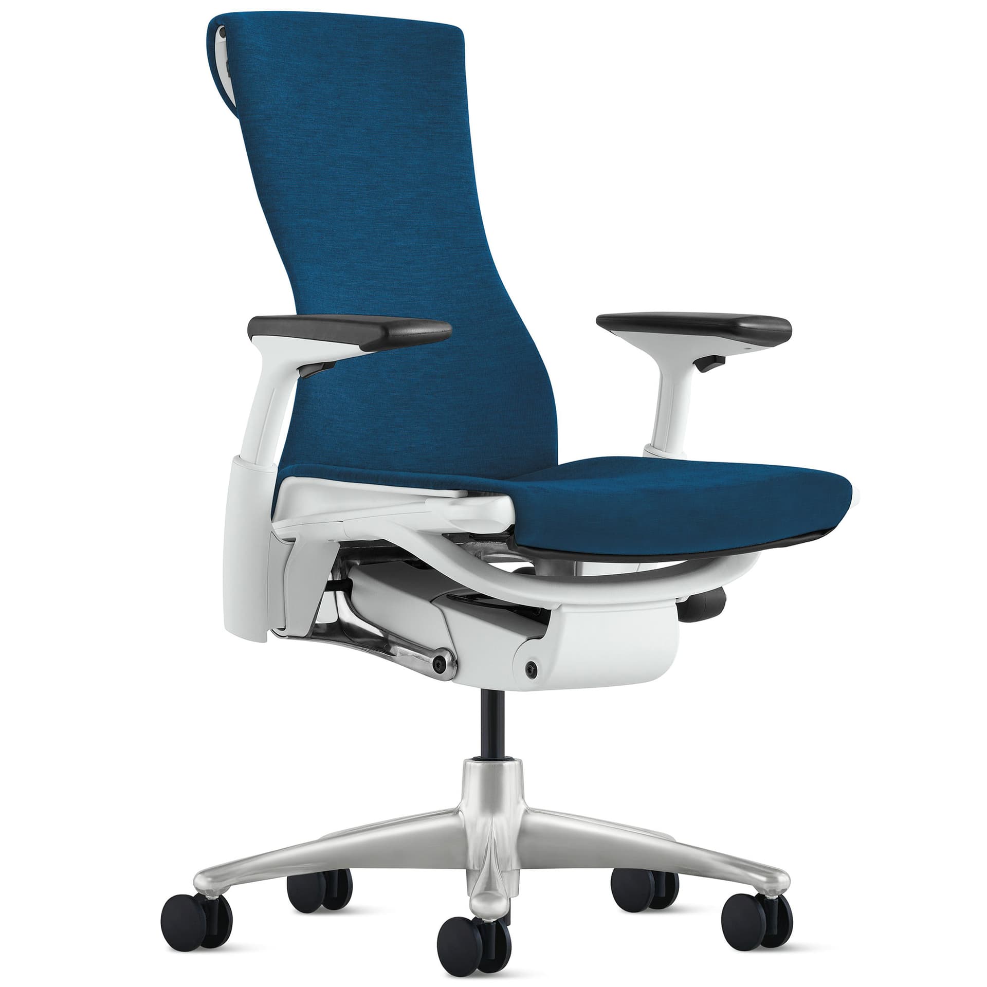 Embody task chair by Herman Miller / titanium base / white frame / medley blue grotto fabric