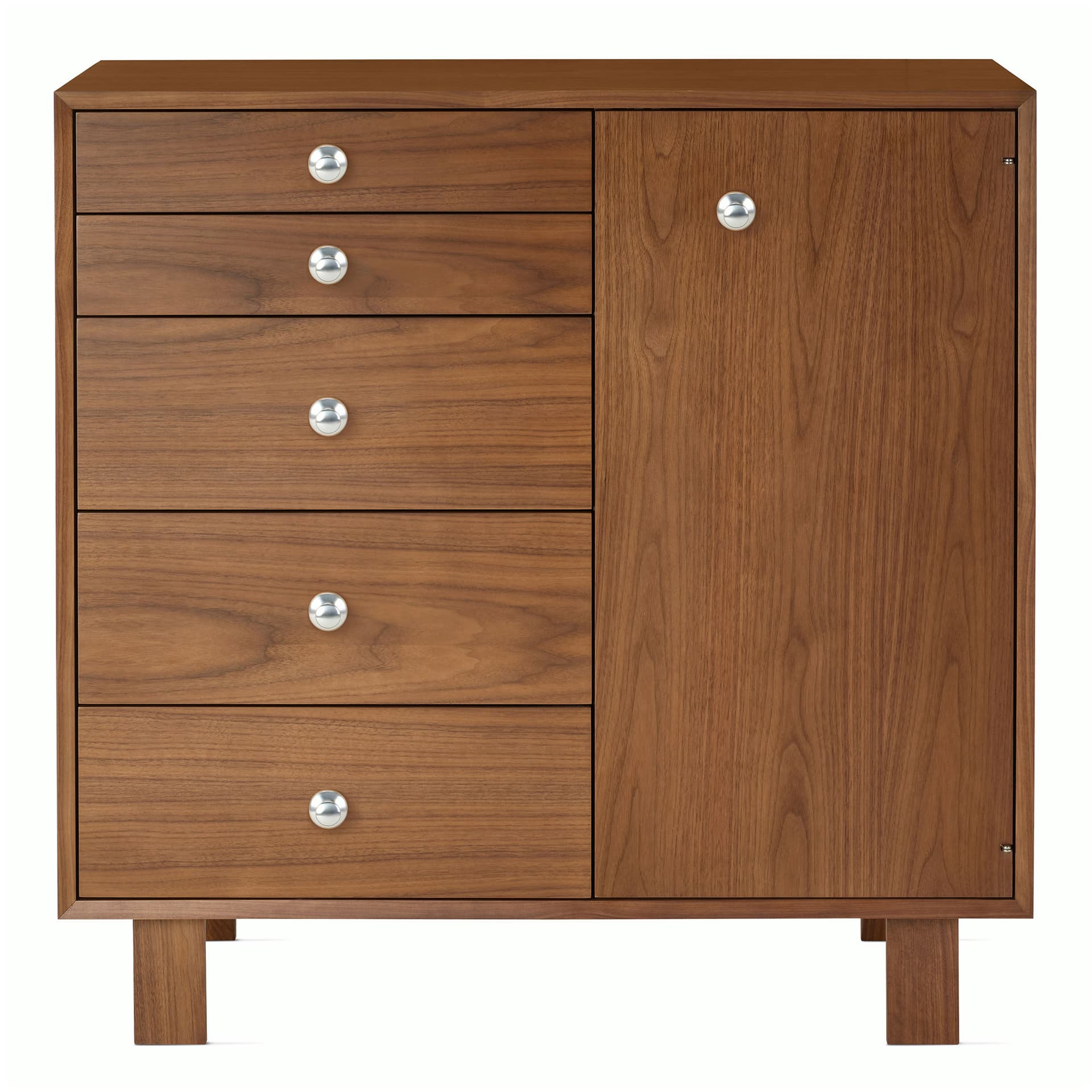 Nelson Basic Cabinet Series 5-Drawer Cabinet with Door / standard legs / aluminum pawn pulls / walnut finish