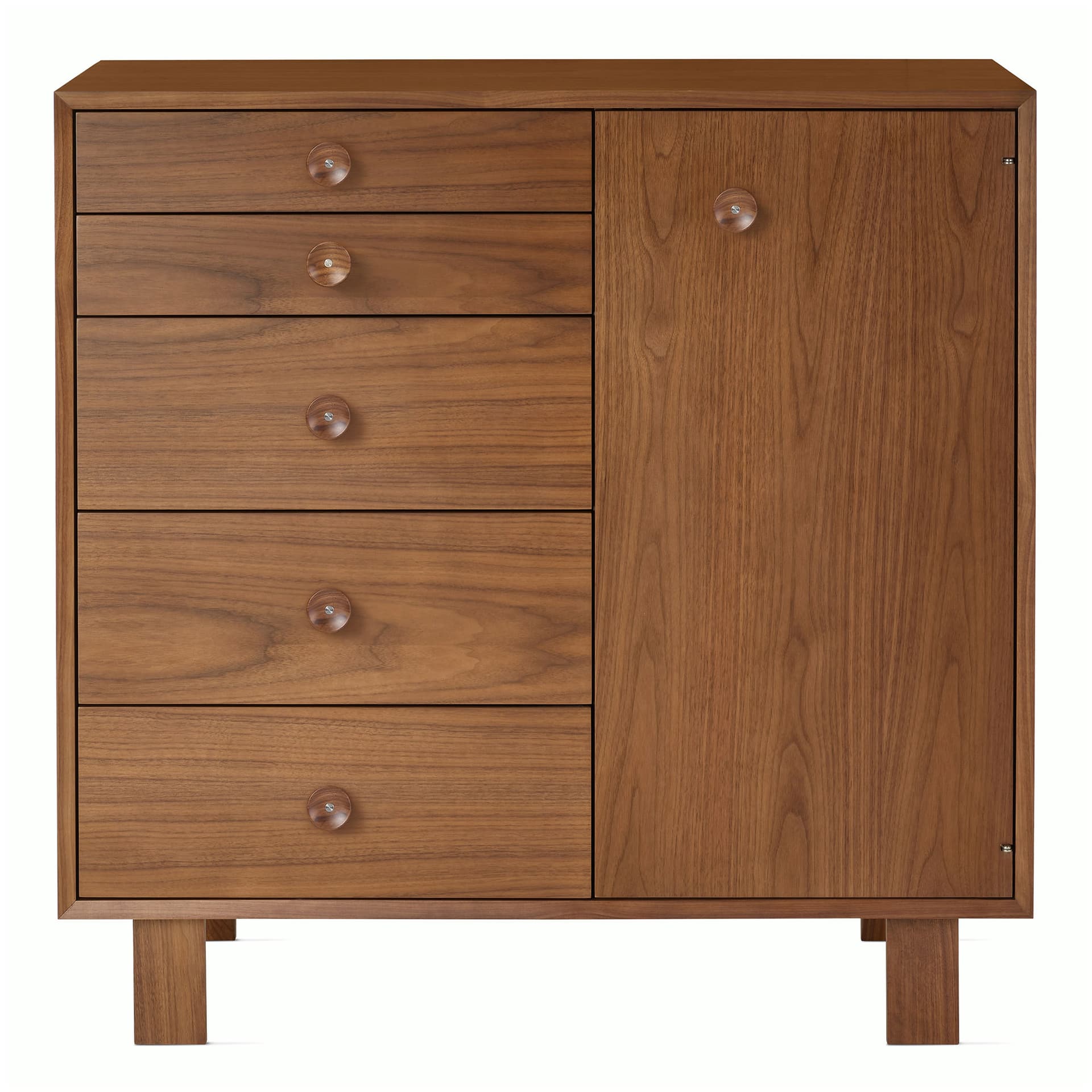Nelson Basic Cabinet Series 5-Drawer Cabinet with Door / standard legs / wood cupcake pulls / walnut finish