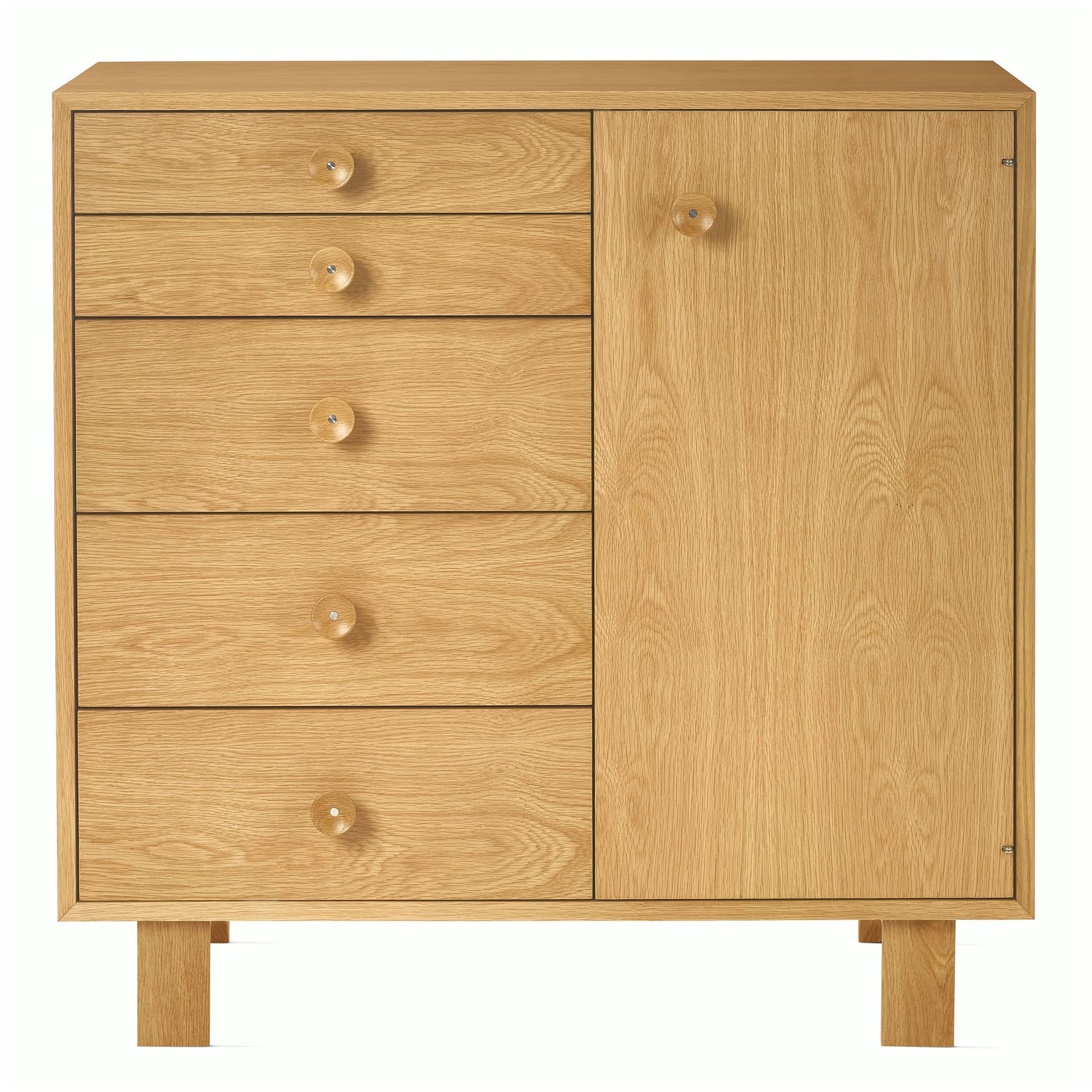 Nelson Basic Cabinet Series 5-Drawer Cabinet with Door / standard legs / wood cupcake pulls / white oak finish