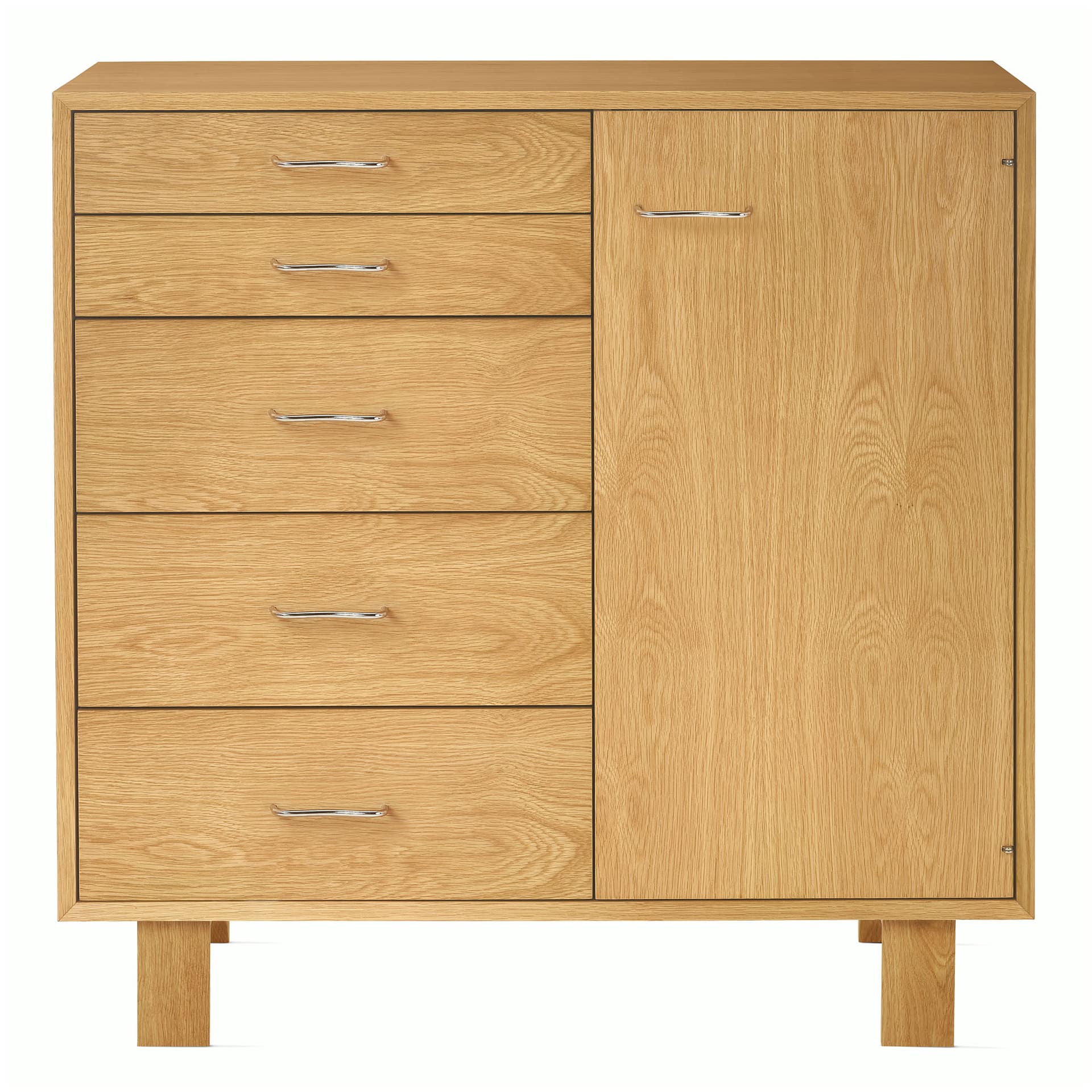 Nelson Basic Cabinet Series 5-Drawer Cabinet with Door / standard legs / aluminum wavy pulls / white oak finish