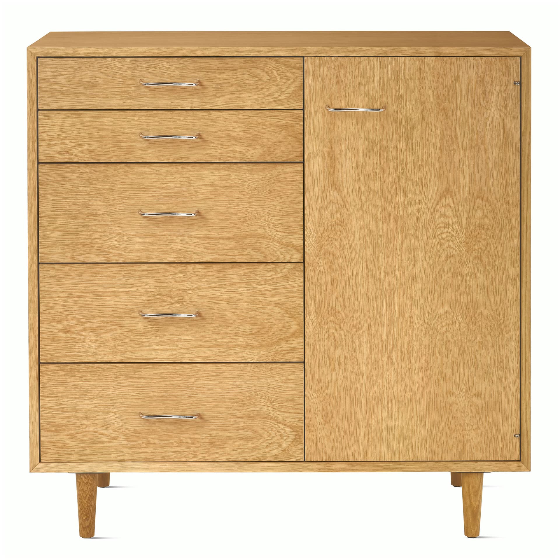 Nelson Basic Cabinet Series 5-Drawer Cabinet with Door / tapered legs / aluminum wavy pulls / white oak finish