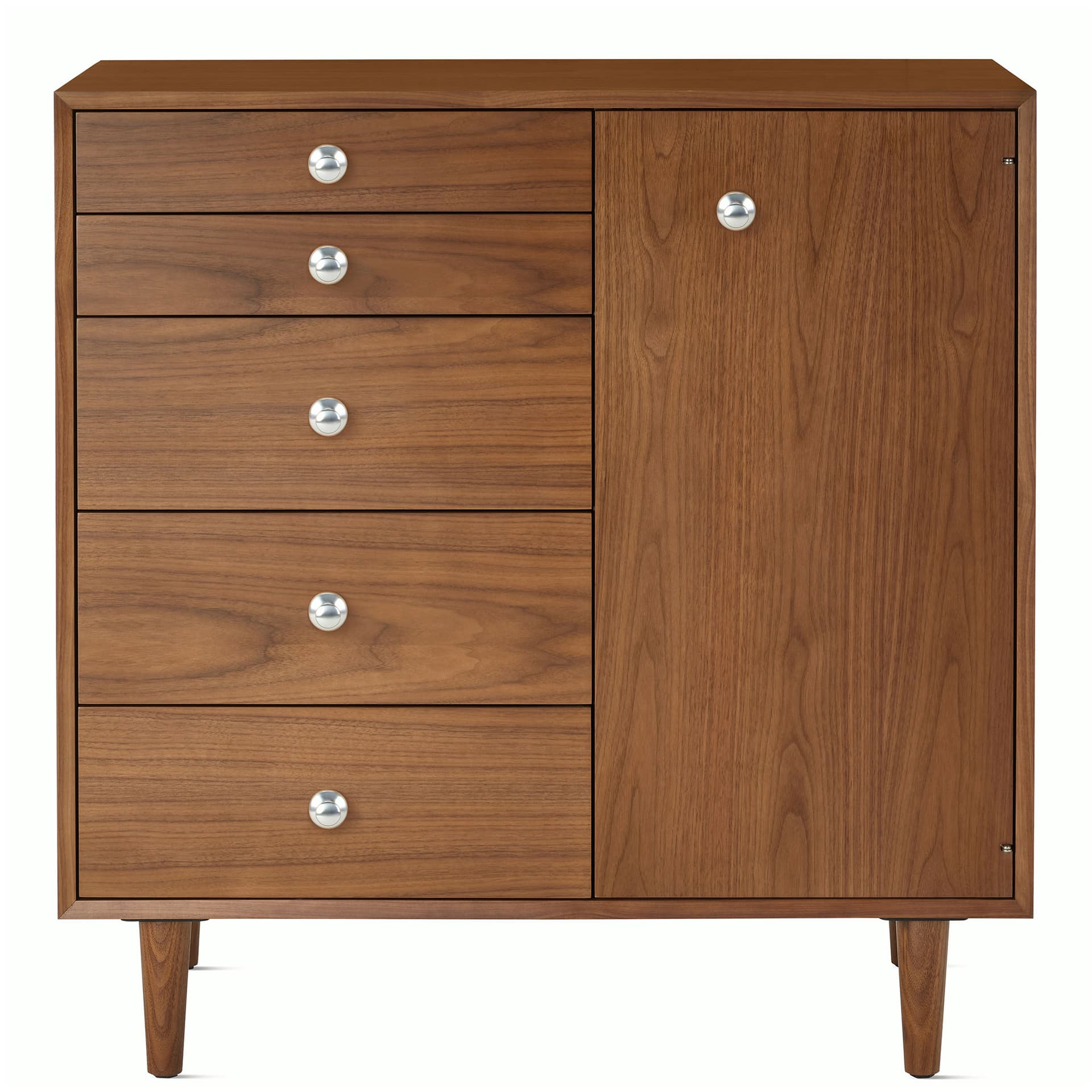 Nelson Basic Cabinet Series 5-Drawer Cabinet with Door / tapered legs / aluminum pawn pulls / walnut finish