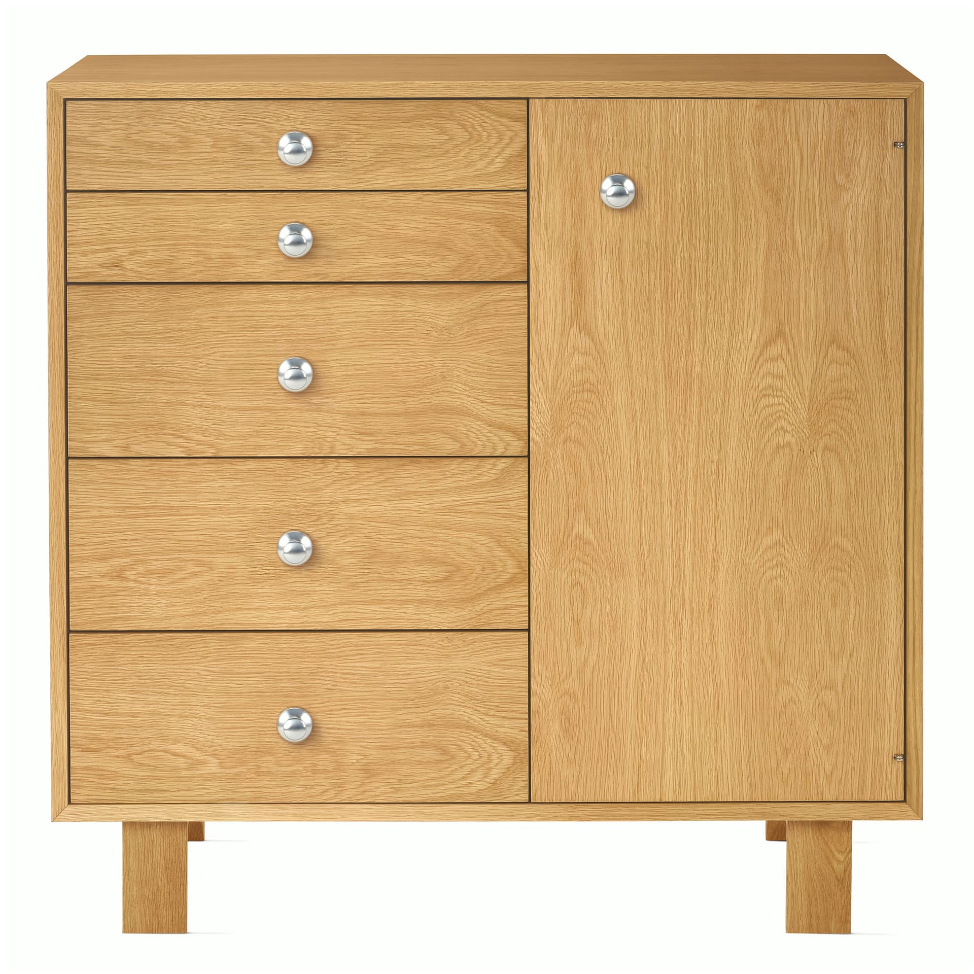 Nelson Basic Cabinet Series 5-Drawer Cabinet with Door / standard legs / aluminum pawn pulls / white oak finish