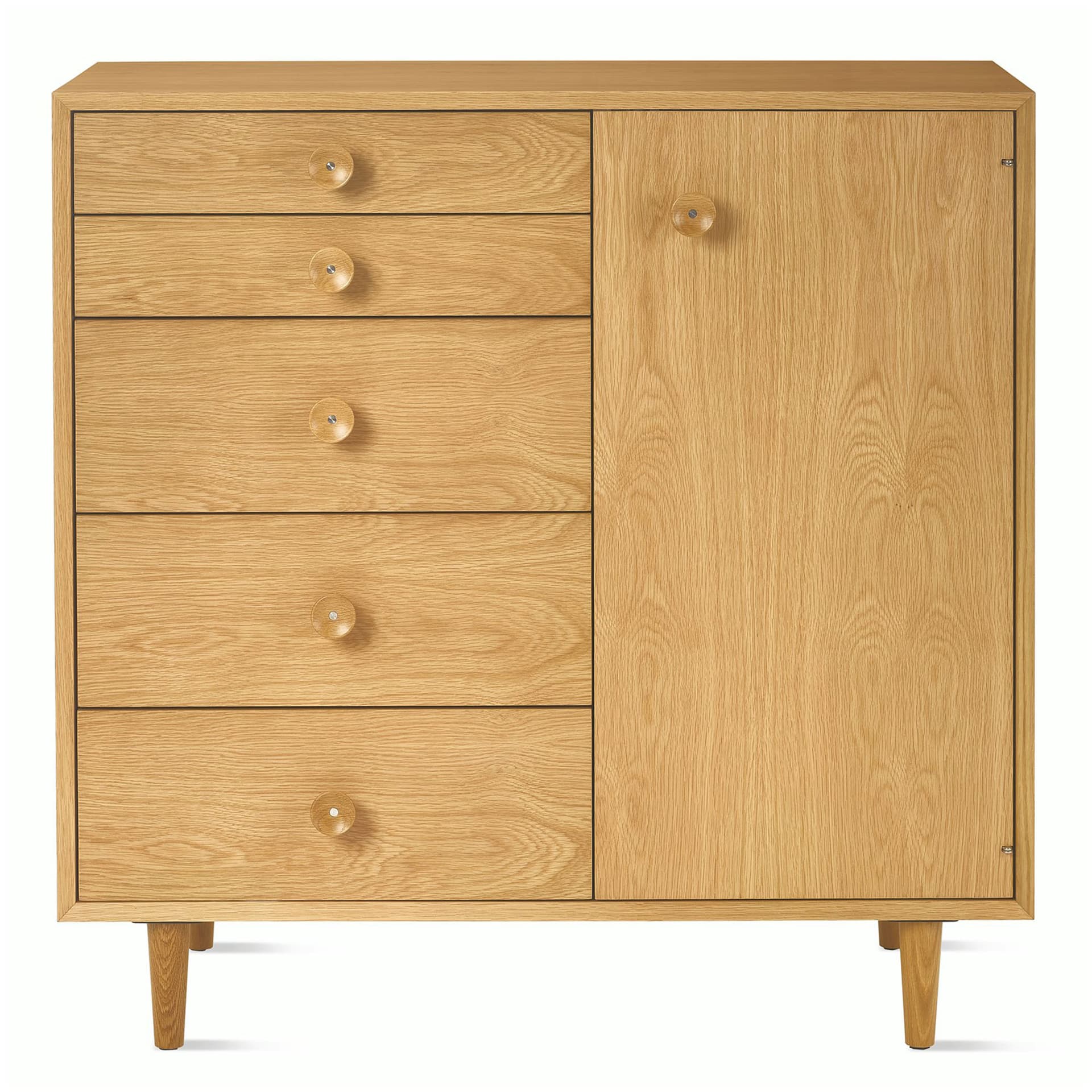 Nelson Basic Cabinet Series 5-Drawer Cabinet with Door / tapered legs / wood cupcake pulls / white oak finish