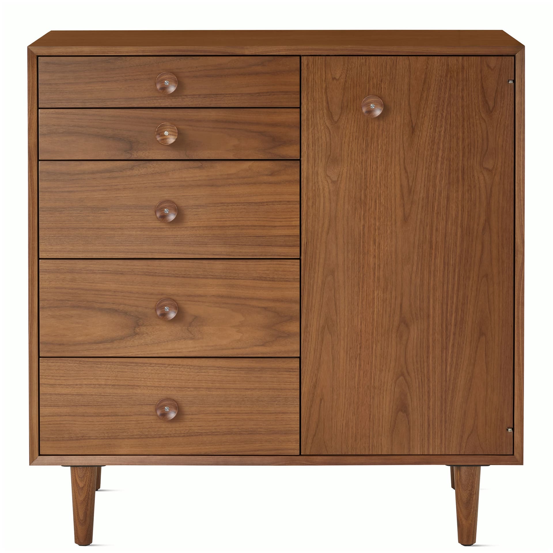 Nelson Basic Cabinet Series 5-Drawer Cabinet with Door / tapered legs / wood cupcake pulls / walnut finish