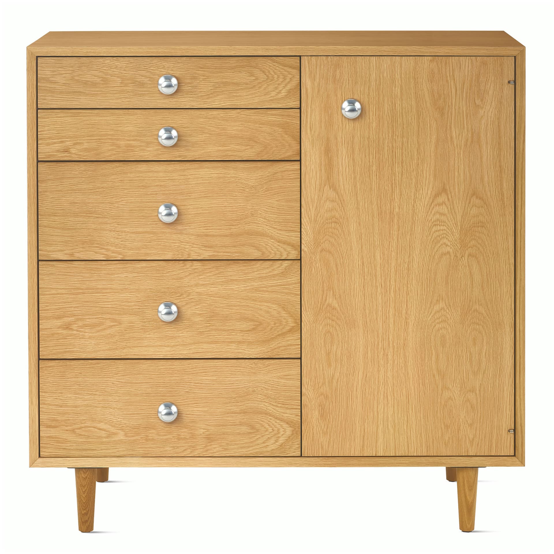 Nelson Basic Cabinet Series 5-Drawer Cabinet with Door / tapered legs / aluminum pawn pulls / white oak finish