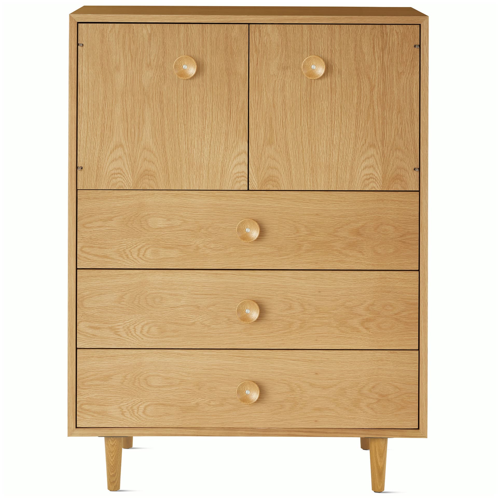 Nelson Basic Cabinet Series Console / tapered legs / wood cupcake pulls / white oak finish
