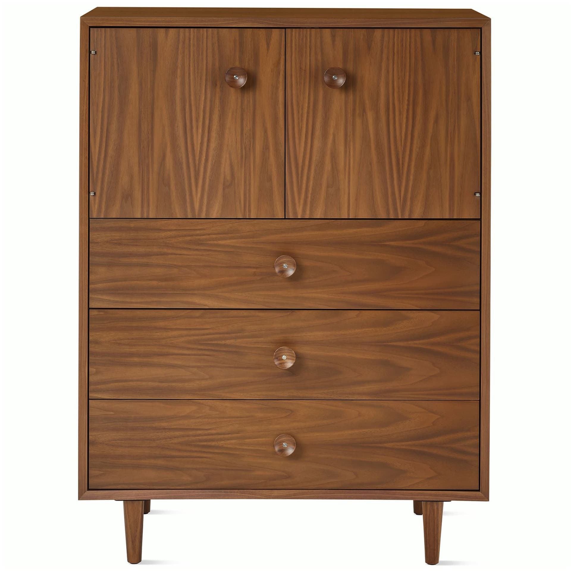 Nelson Basic Cabinet Series Console / tapered legs / wood cupcake pulls / walnut finish