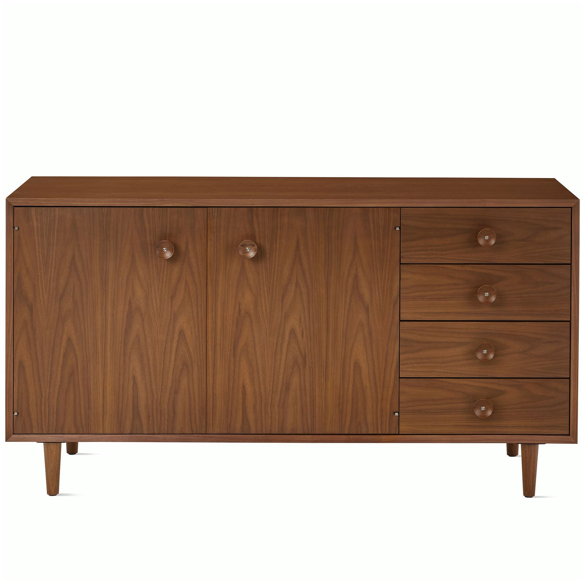 Nelson Basic Cabinet Series Credenza / tapered legs / wood cupcake pulls / walnut finish