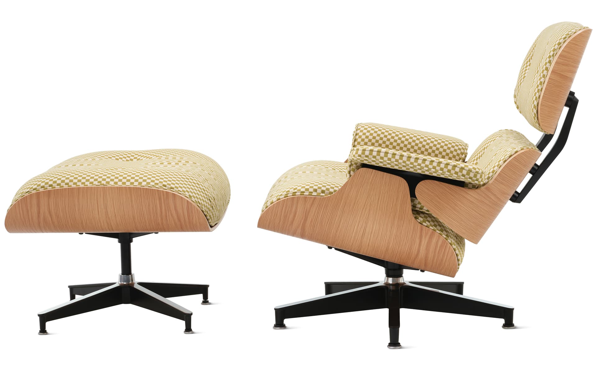 eames lounge chair & ottoman in fabric / standard classic height / natural white oak veneer / checker emerald/light ivory fabric upholstery