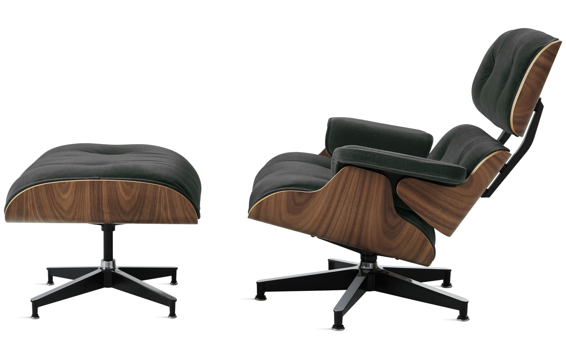 eames lounge chair & ottoman in fabric / standard classic height / walnut veneer / mohair supreme armory fabric upholstery