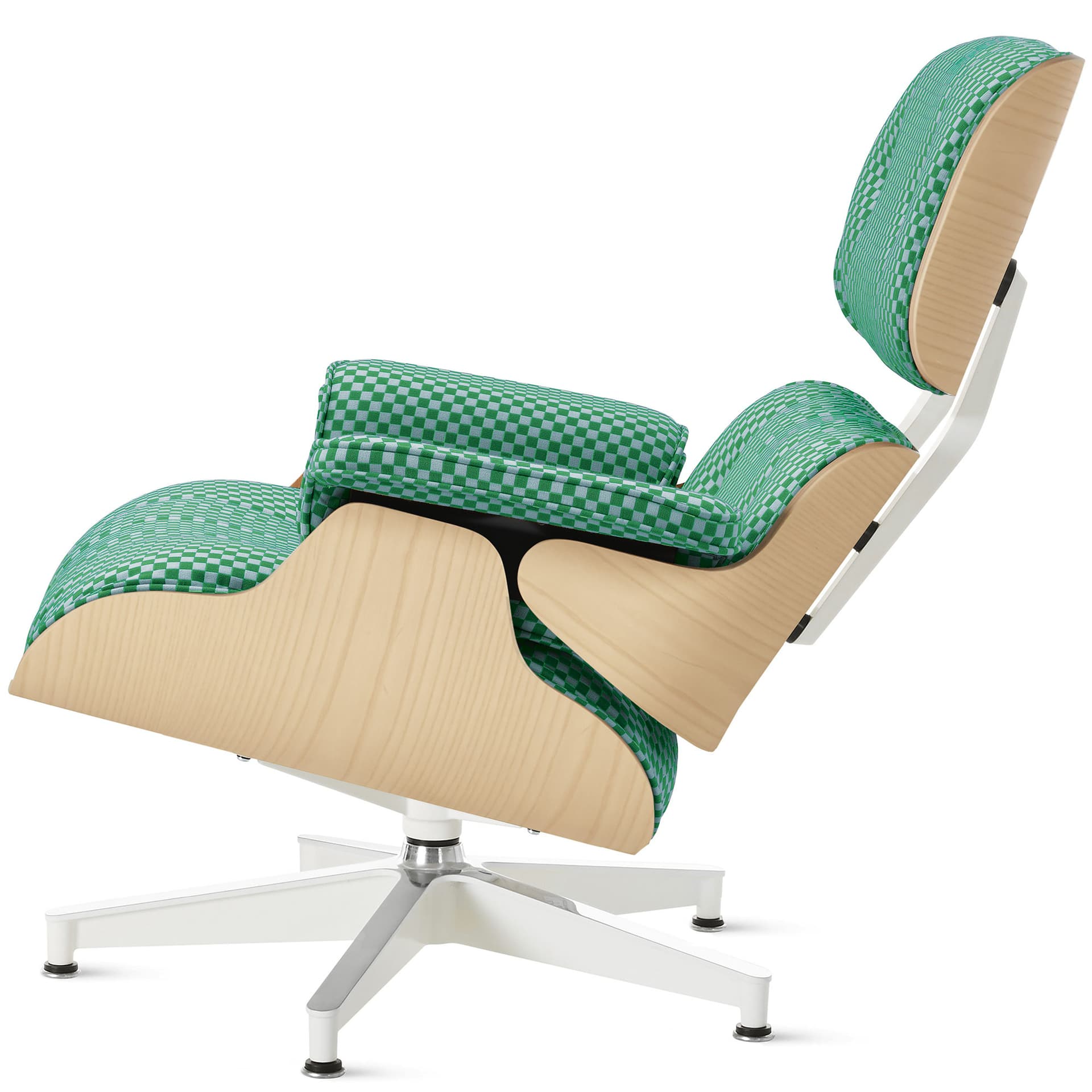 white ash eames lounge chair without ottoman / standard classic height / checker upholstery blue gray/emerald