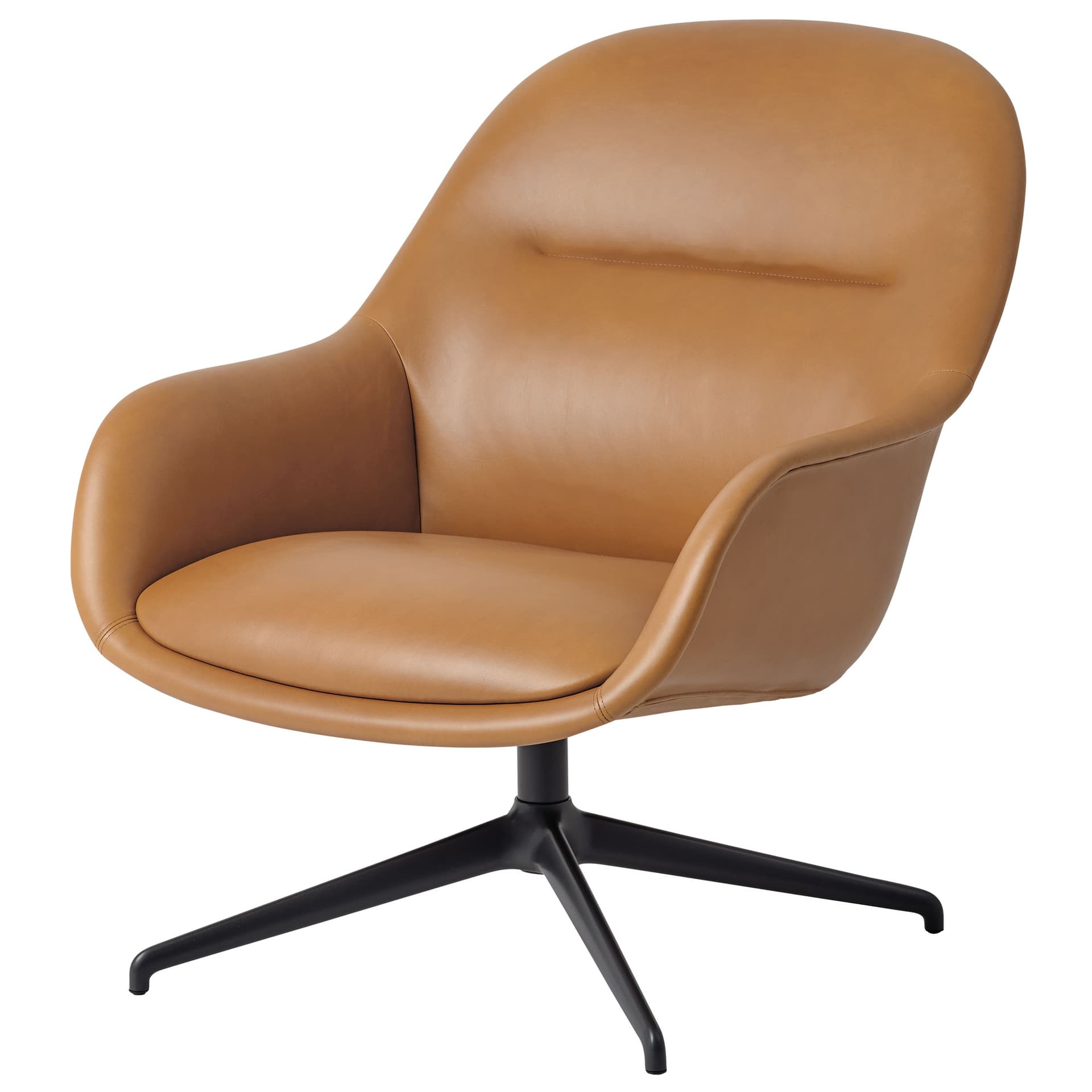 Fiber Lounge Armchair with Swivel Base / black base / cognac refine leather upholstery