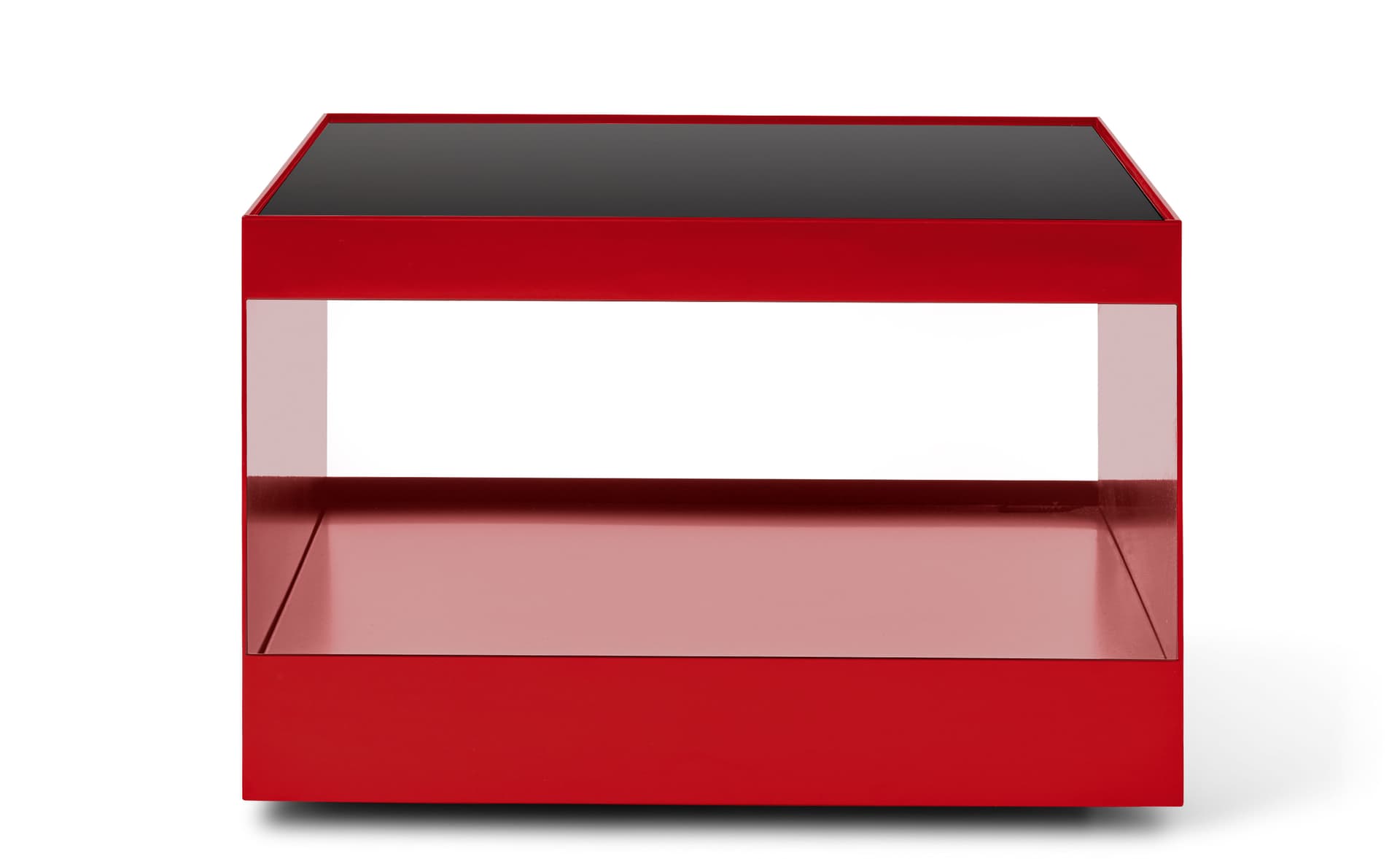 D'Urso Occasional Table / 22" square, 14.5" height - black painted glass / crimson base