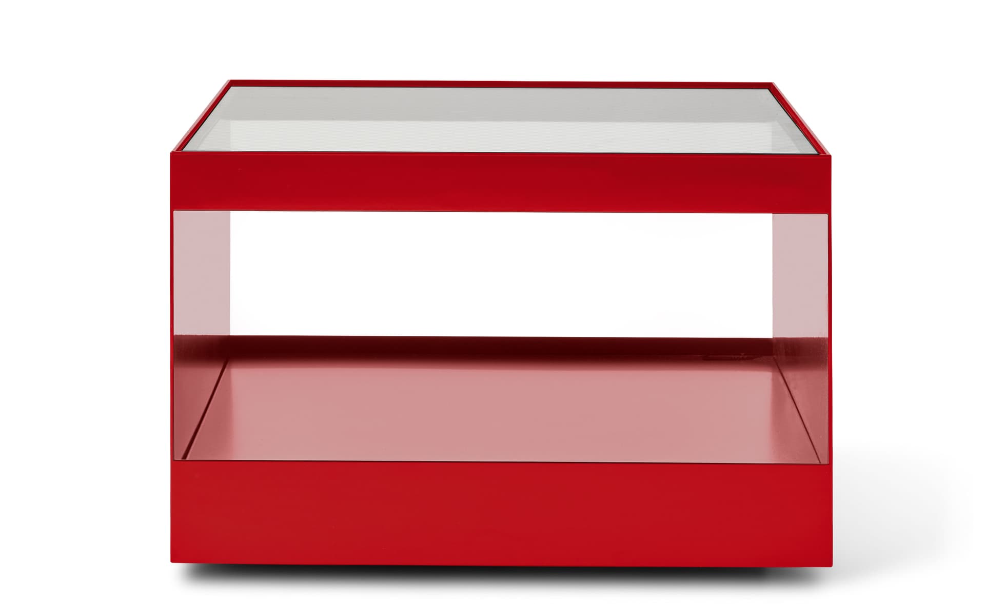 D'Urso Occasional Table / 22" square, 14.5" height - wired glass / crimson base