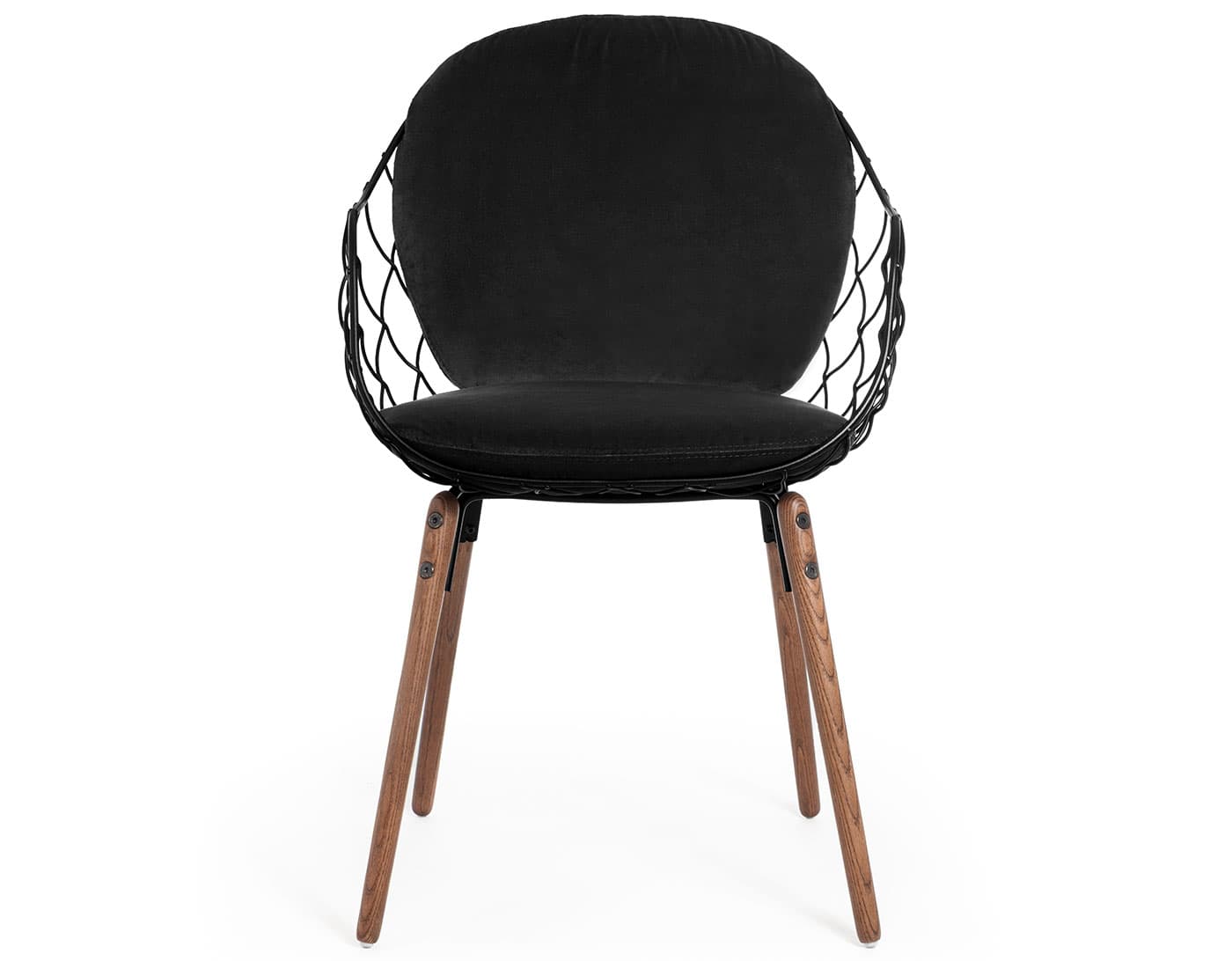 Piña Chair with full cushion / velvet black cushion / black steel rod shell / ash - walnut stained