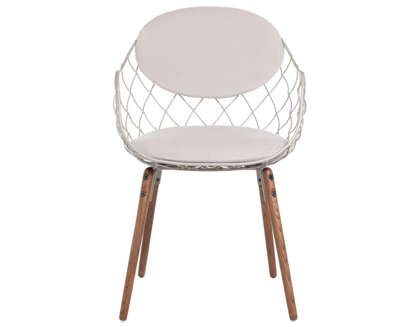 Piña Chair with split cushion / velvet beige cushion / grey steel rod shell / ash - walnut stained