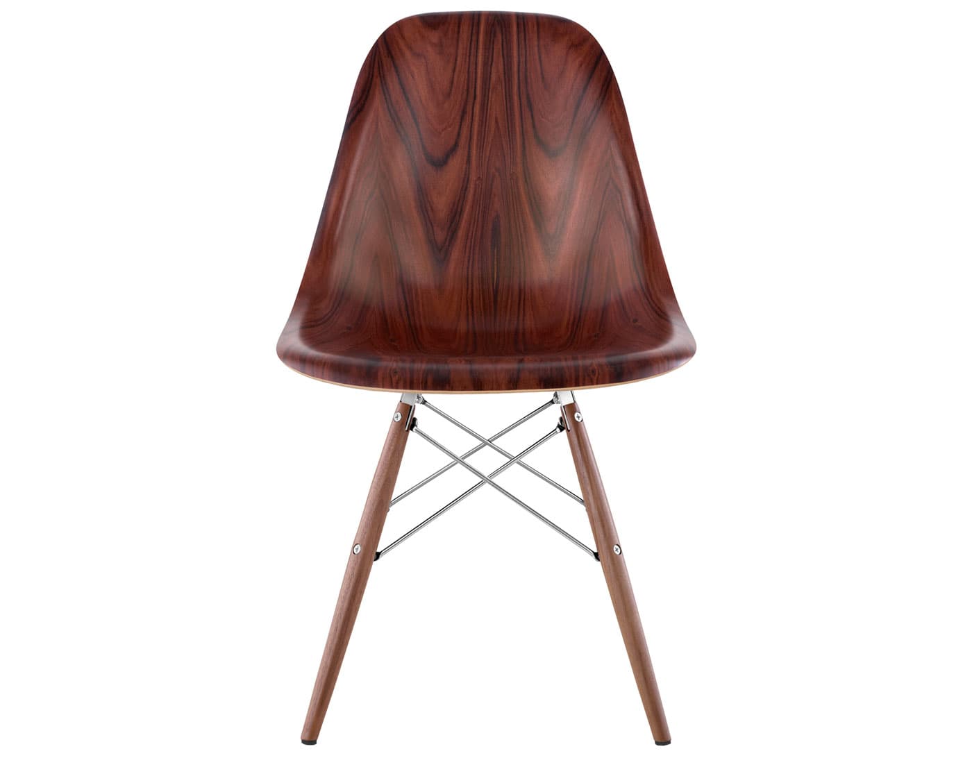 eames molded wood side chair with dowel base / santos palisander shell / trivalent chrome metal wire / walnut dowels / black glides with felt