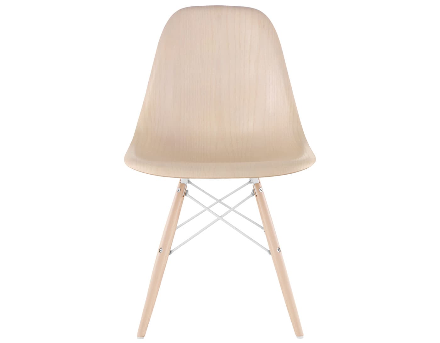 eames molded wood side chair with dowel base / white ash shell / white metal wire / maple dowels / white standard glides