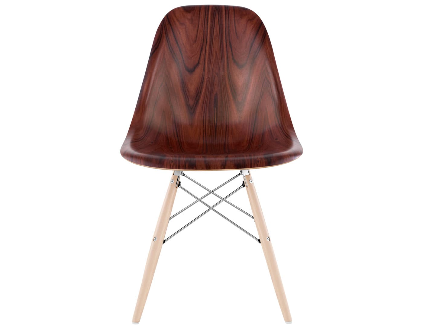 eames molded wood side chair with dowel base / standard glides with felt bottom / santos palisander / trivalent chrome / maple with white glides