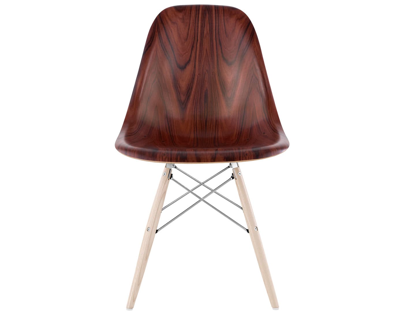 eames molded wood side chair with dowel base / standard glides with felt bottom / santos palisander / trivalent chrome / white ash with white glides