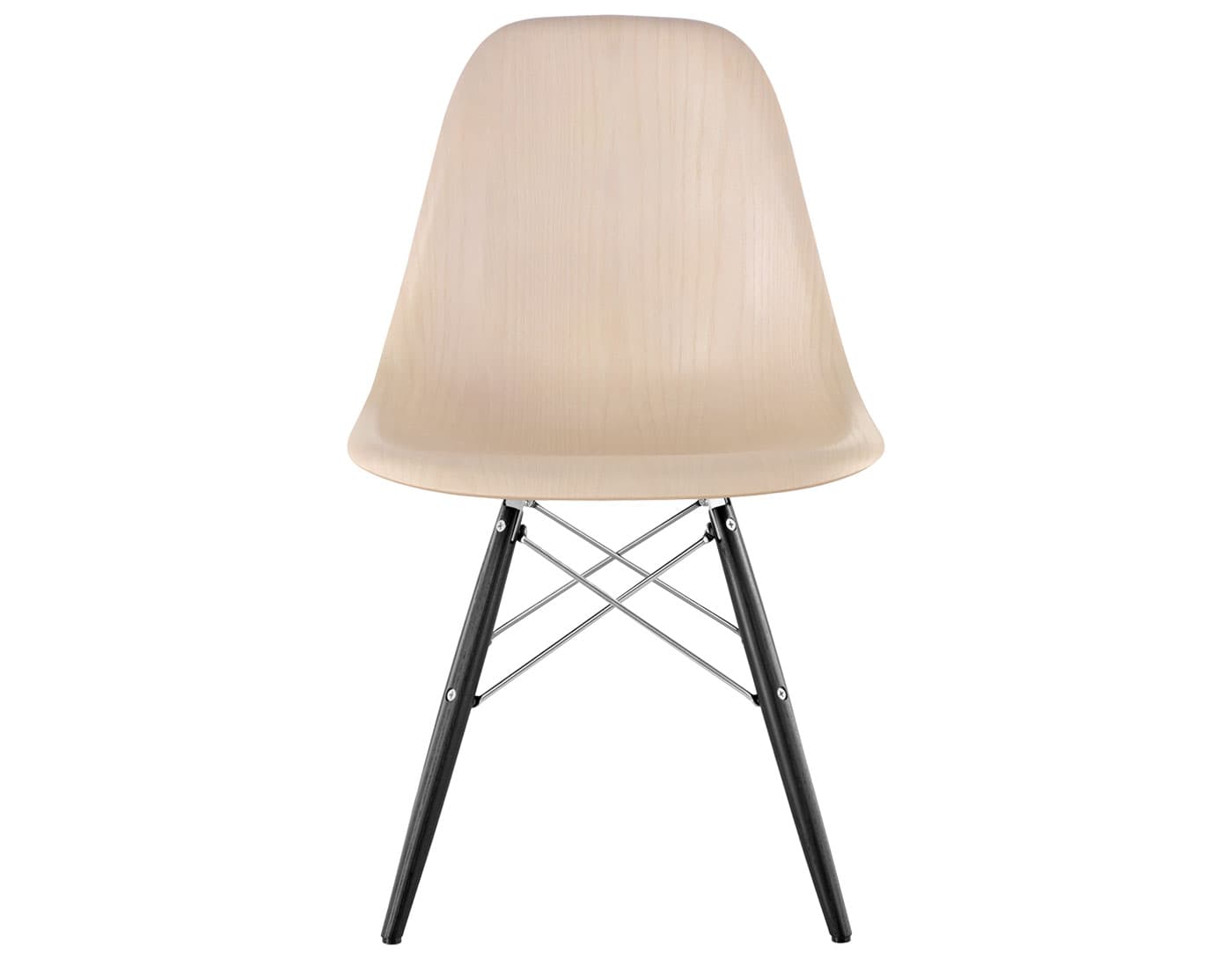 eames molded wood side chair with dowel base / standard glides / white ash / trivalent chrome / ebony with black glides