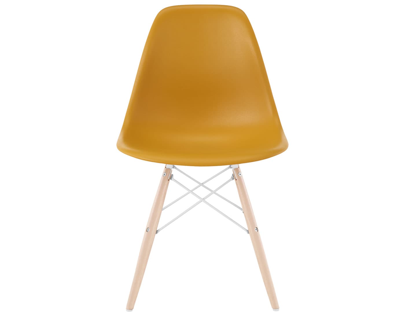 eames molded plastic side chair with dowel base / standard glides with felt bottom / 100% recycled plastic - deep yellow / maple with white glides / white