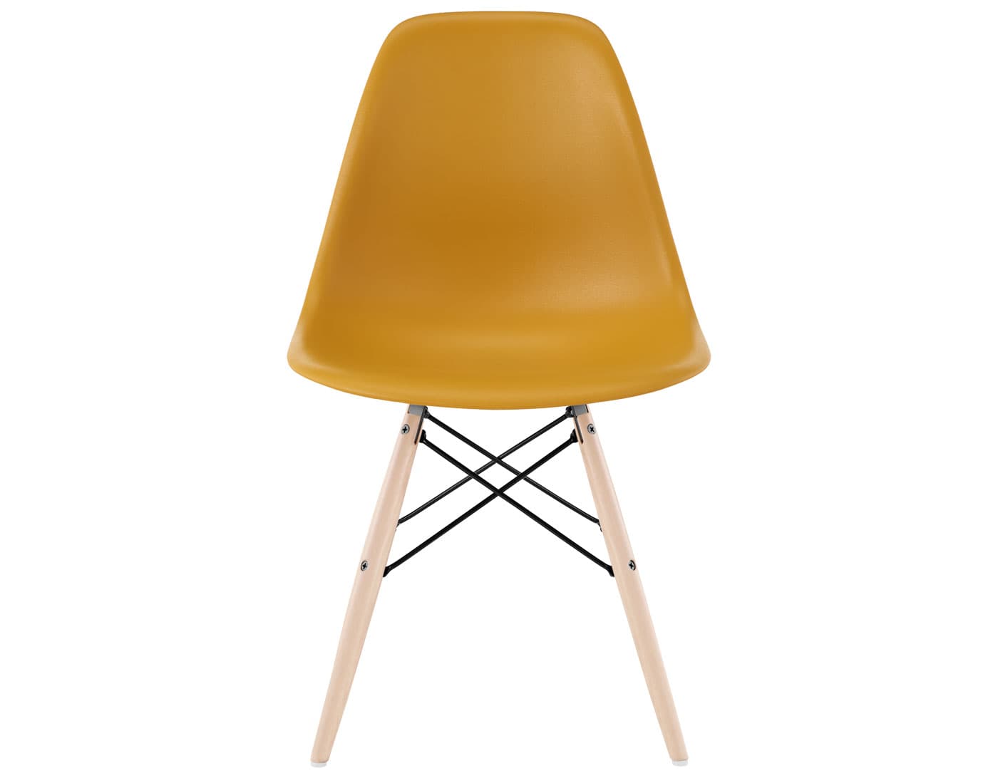 eames molded plastic side chair with dowel base / standard glides with felt bottom / 100% recycled plastic - deep yellow / maple with white glides / black